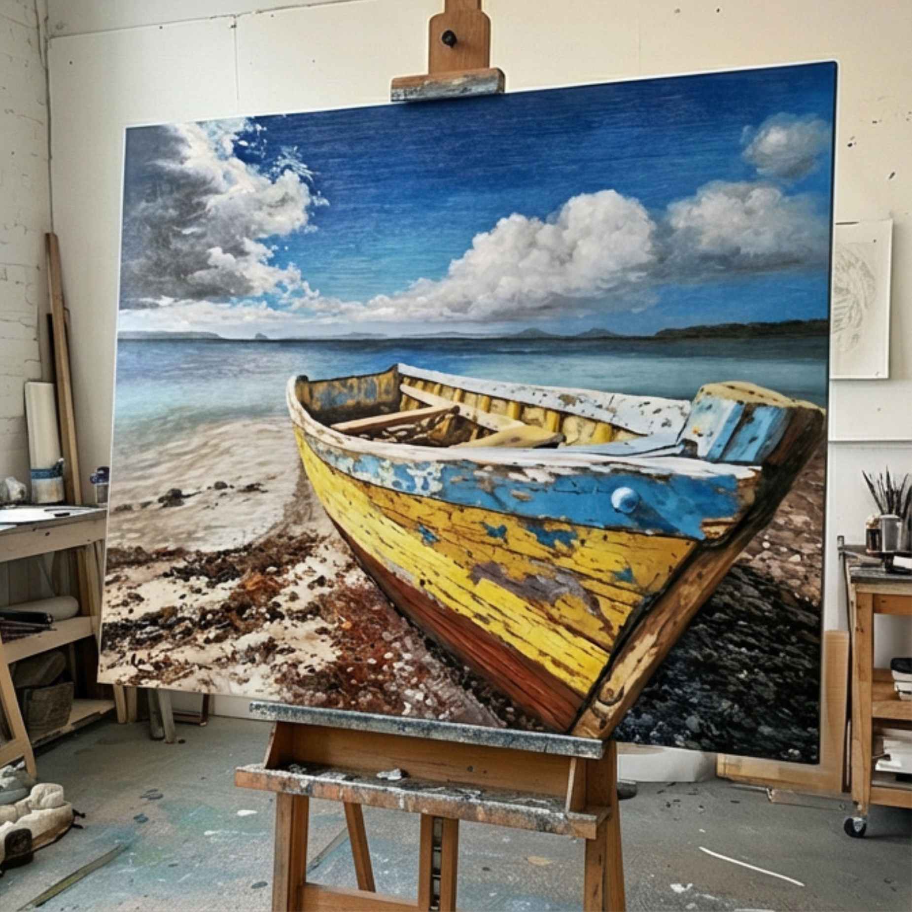 Lienzo artístico de barca amarilla en playa