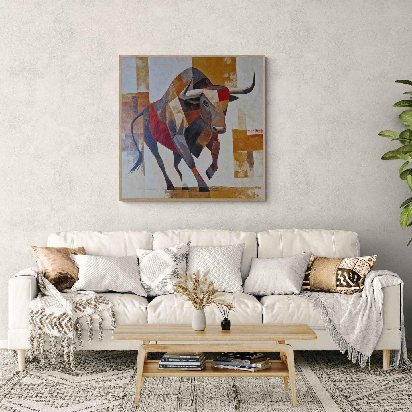 Pintura de toro en posición desafiante en tonos cálidos