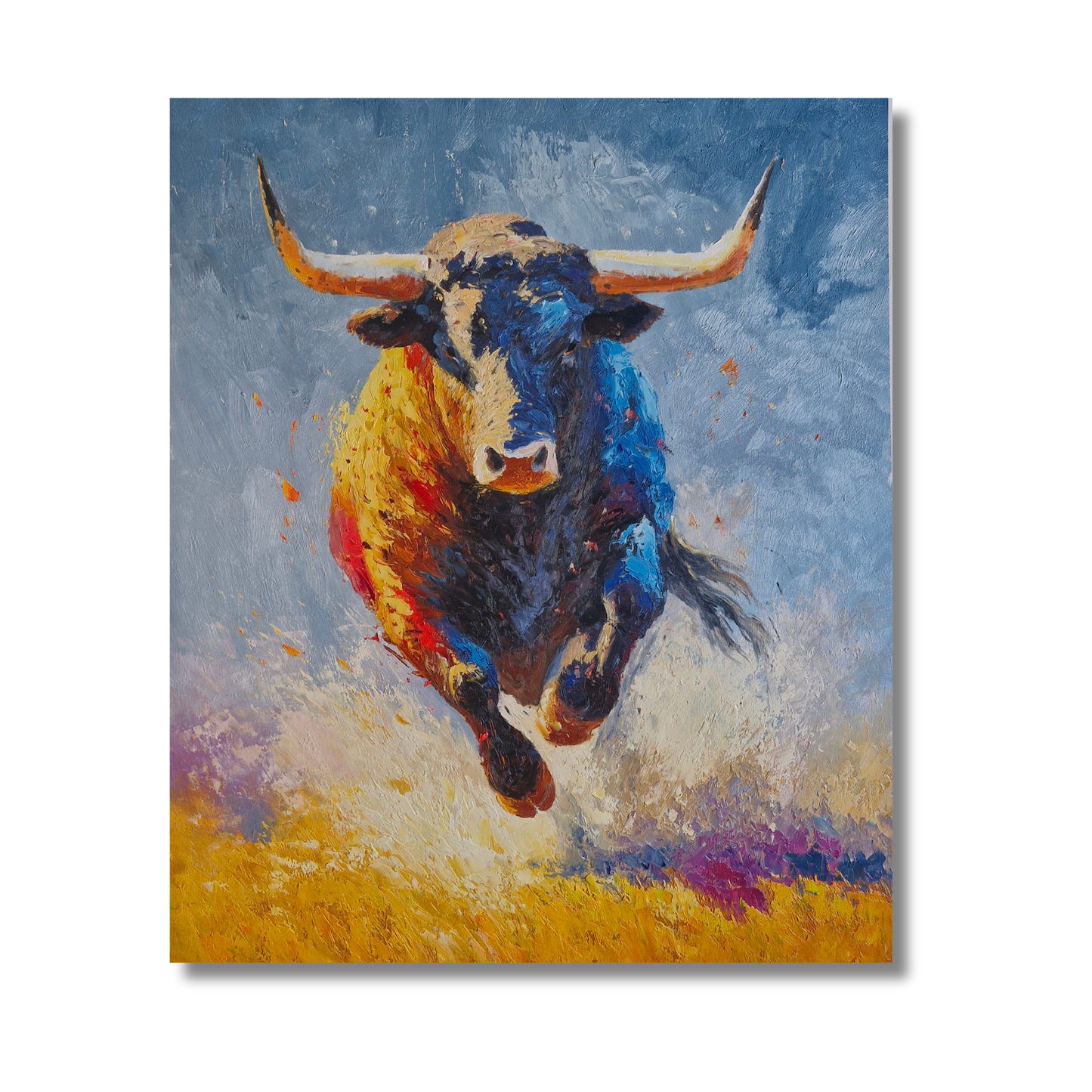 cuadro Toro en acción con fondo azul y amarillo