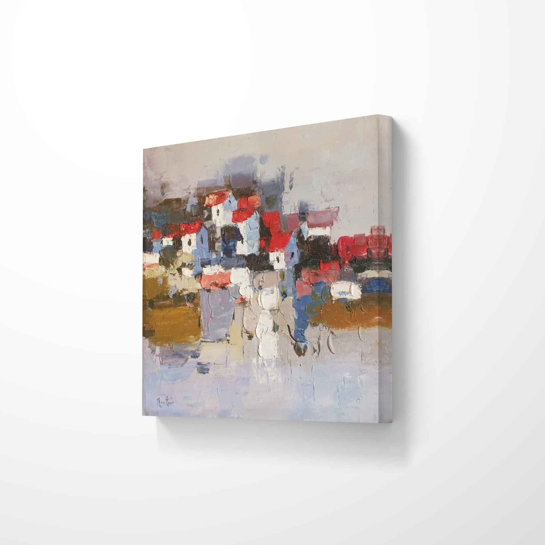 Pintura decorativa moderna de paisaje urbano con casa blancas de pueblo