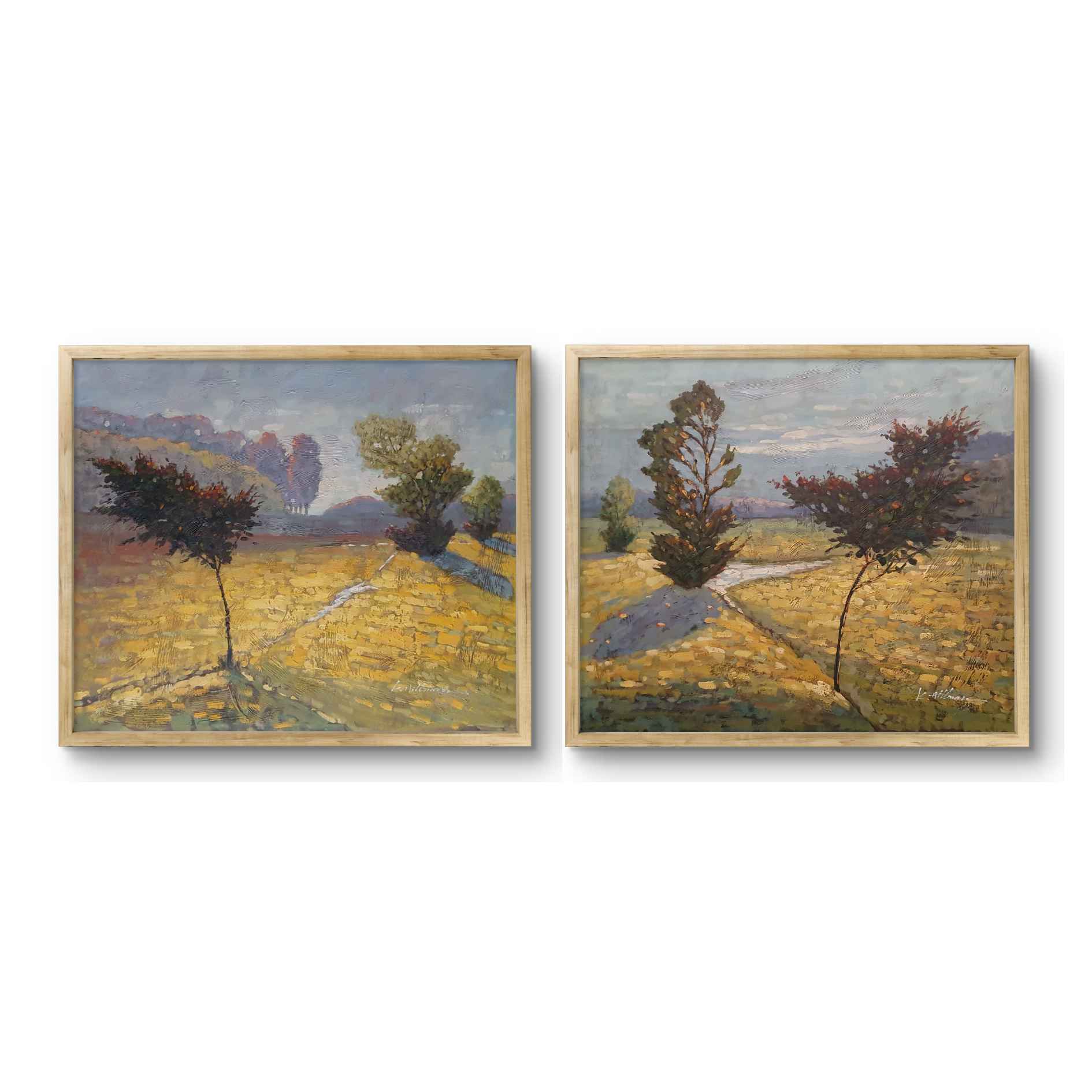 Pareja de cuadros paisajísticos estilo impresionista en tonos cálidos