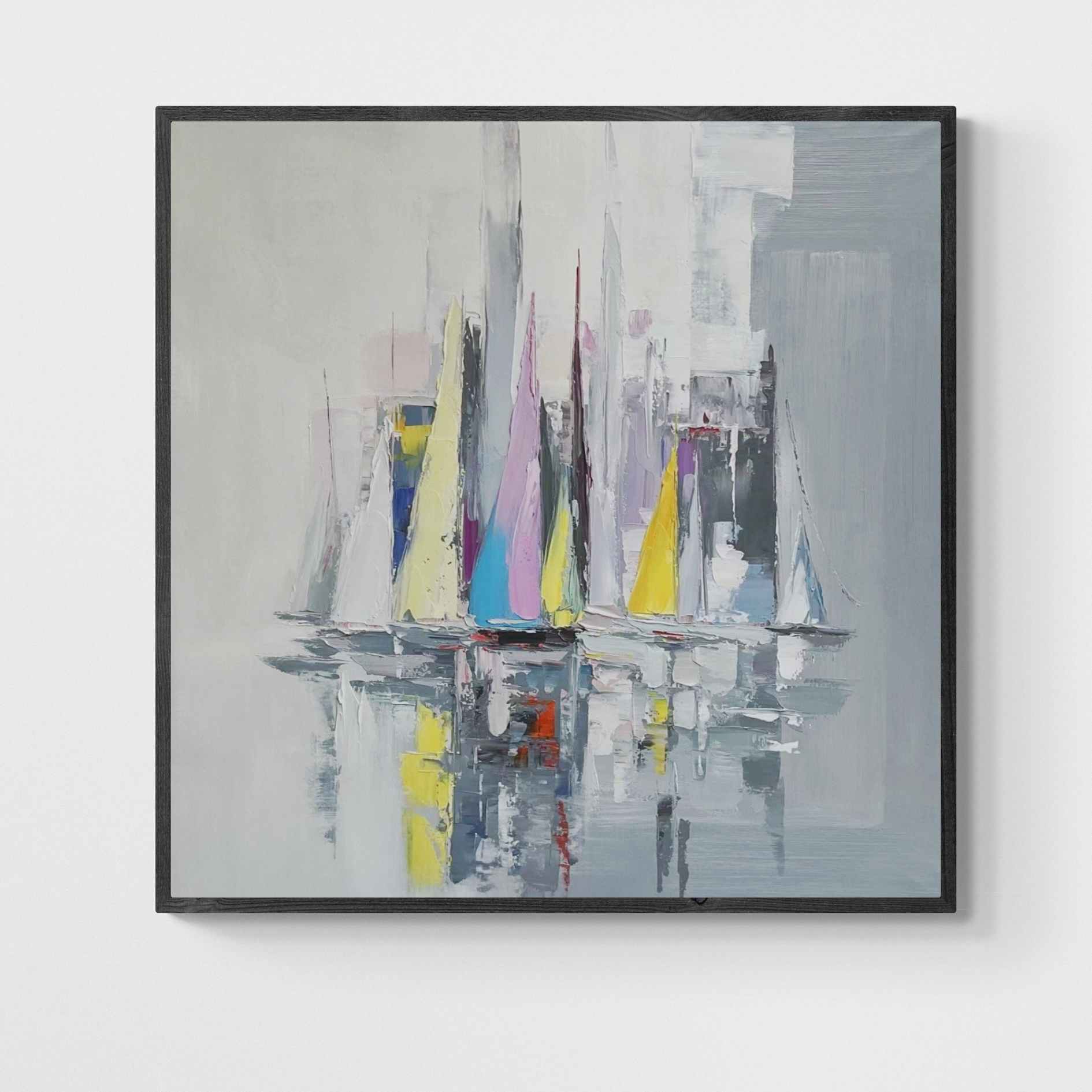 Pintura abstracta de veleros coloridos al óleo