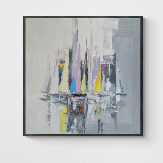 Pintura abstracta de veleros coloridos al óleo