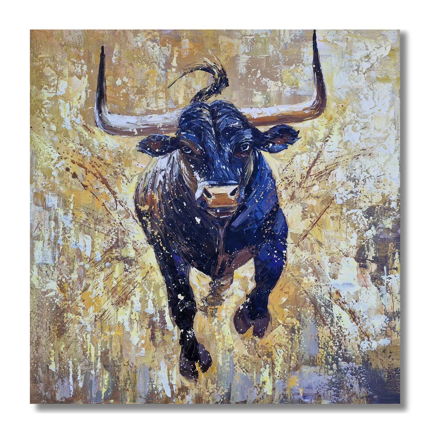Cuadro de toro corriendo, óleo sobre lienzo de gran tamaño
