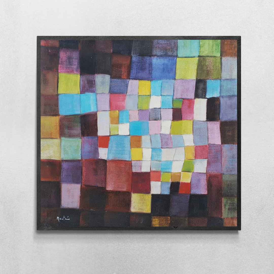 Cuadro abstracto geométrico pintado a mano con colores vibrantes