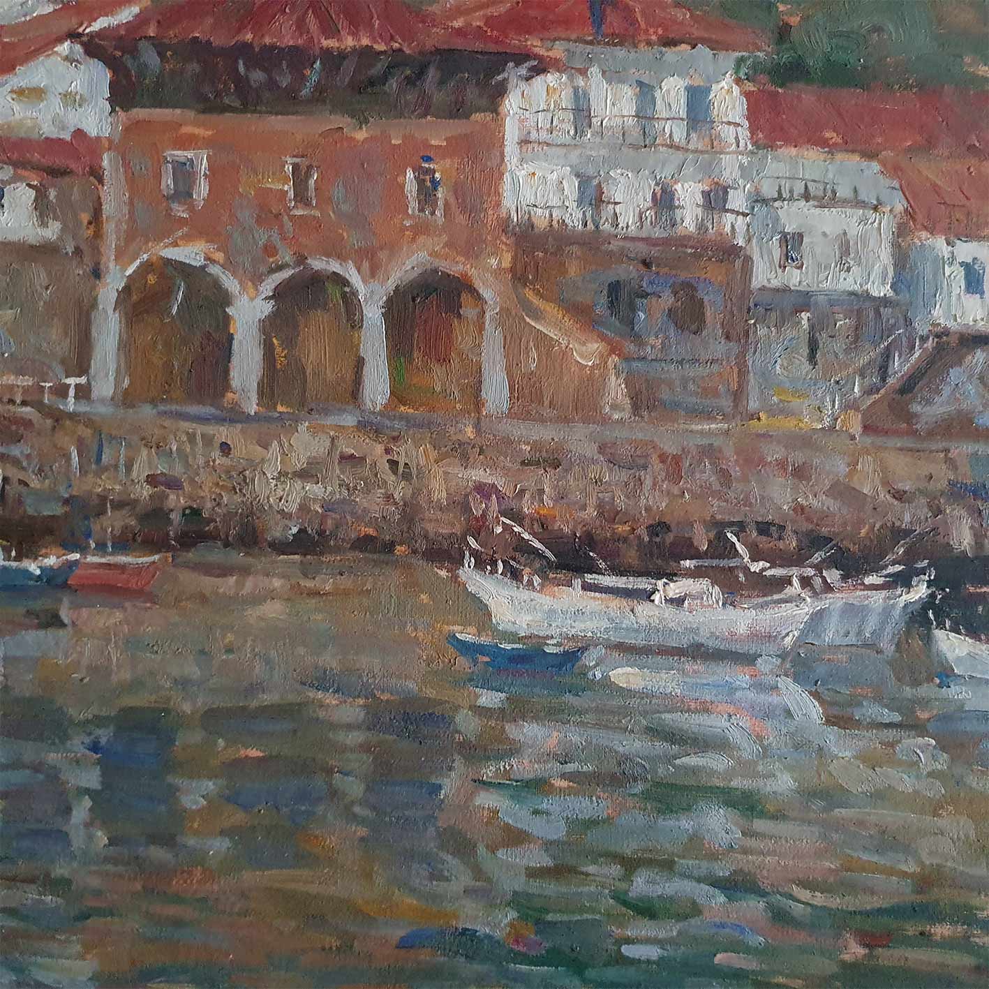 Pintura al óleo de puerto marítimo en díptico estilo impresionista