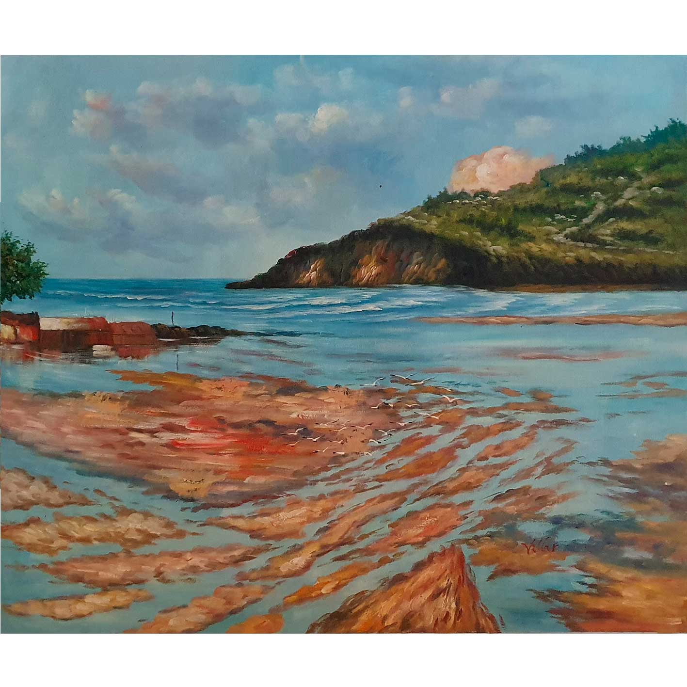 Pintura al óleo de marismas con tonos cálidos y realismo natural