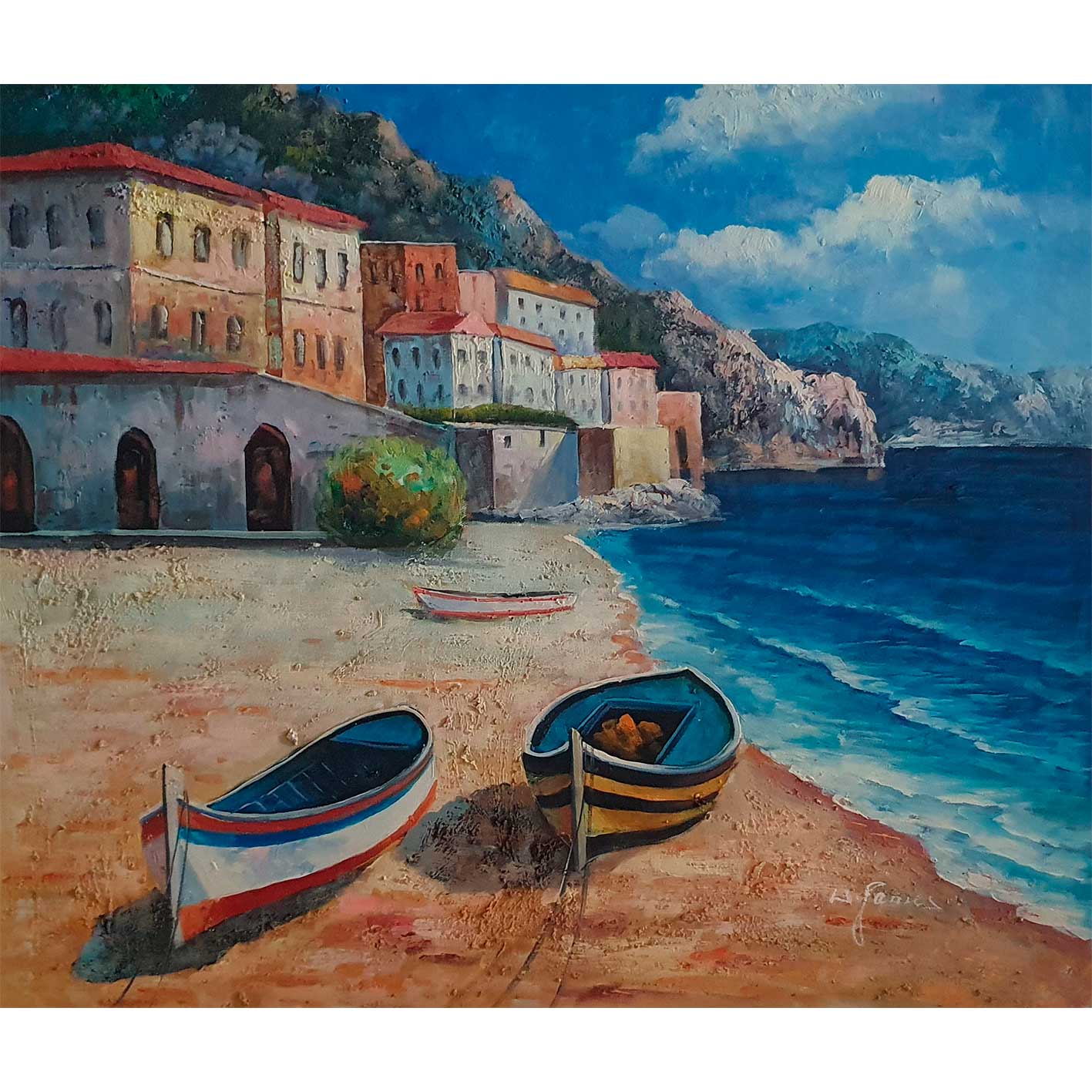 Cuadro de Pueblo Costero - Arte al óleo pintado a mano