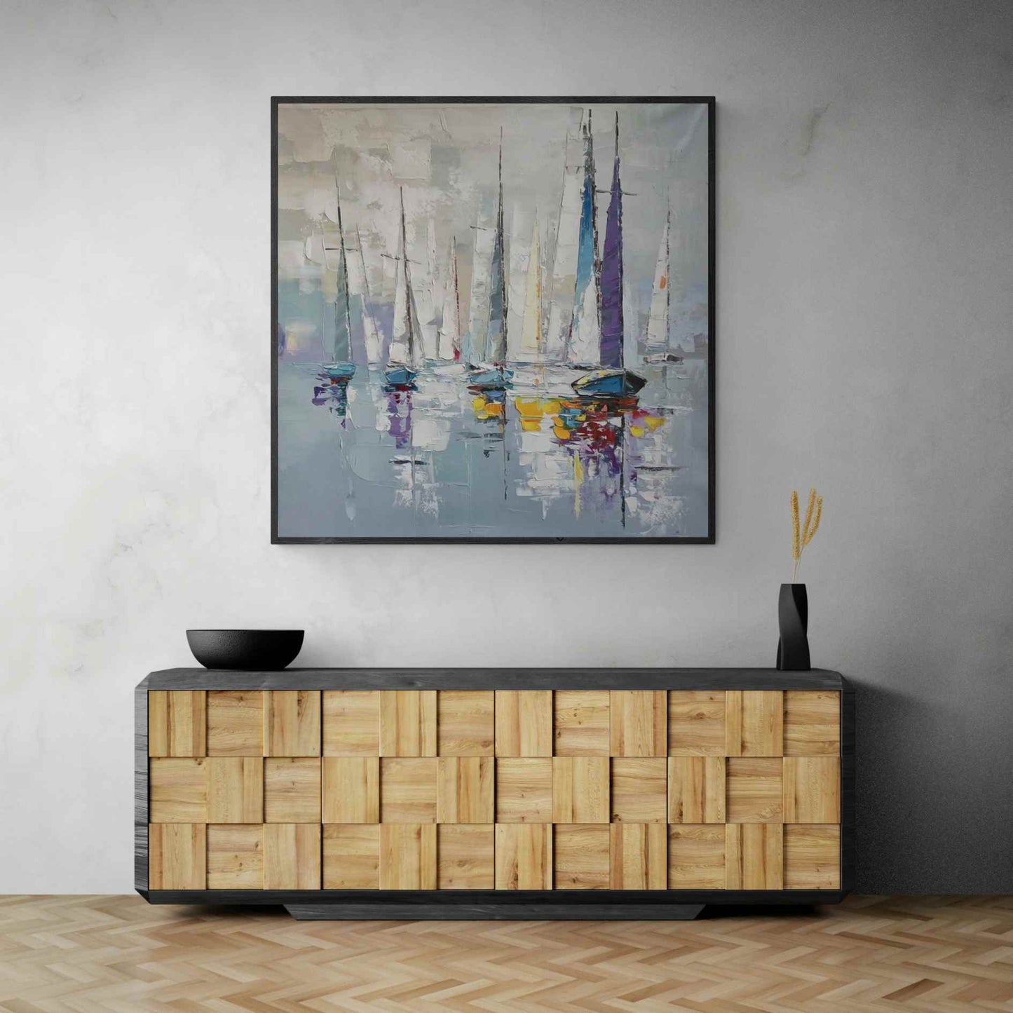 Pintura hecha a mano con barcos de vela abstractos