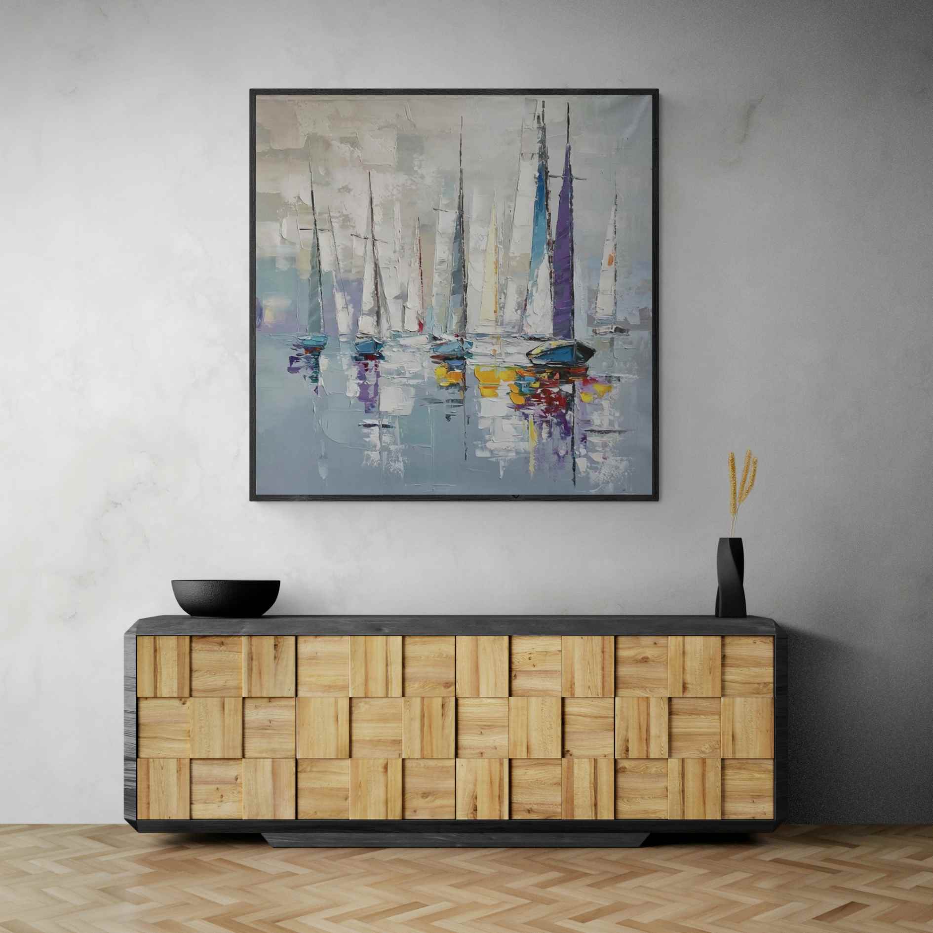 Pintura hecha a mano con barcos de vela abstractos