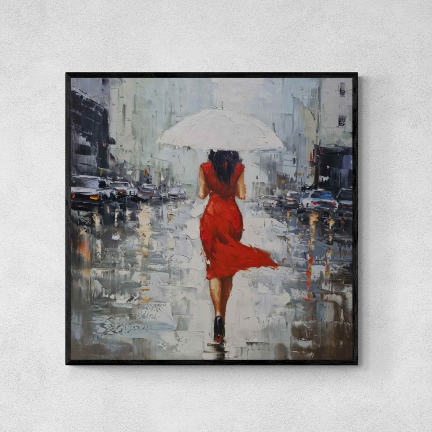 Cuadro decorativo de mujer con vestido rojo caminando bajo la lluvia