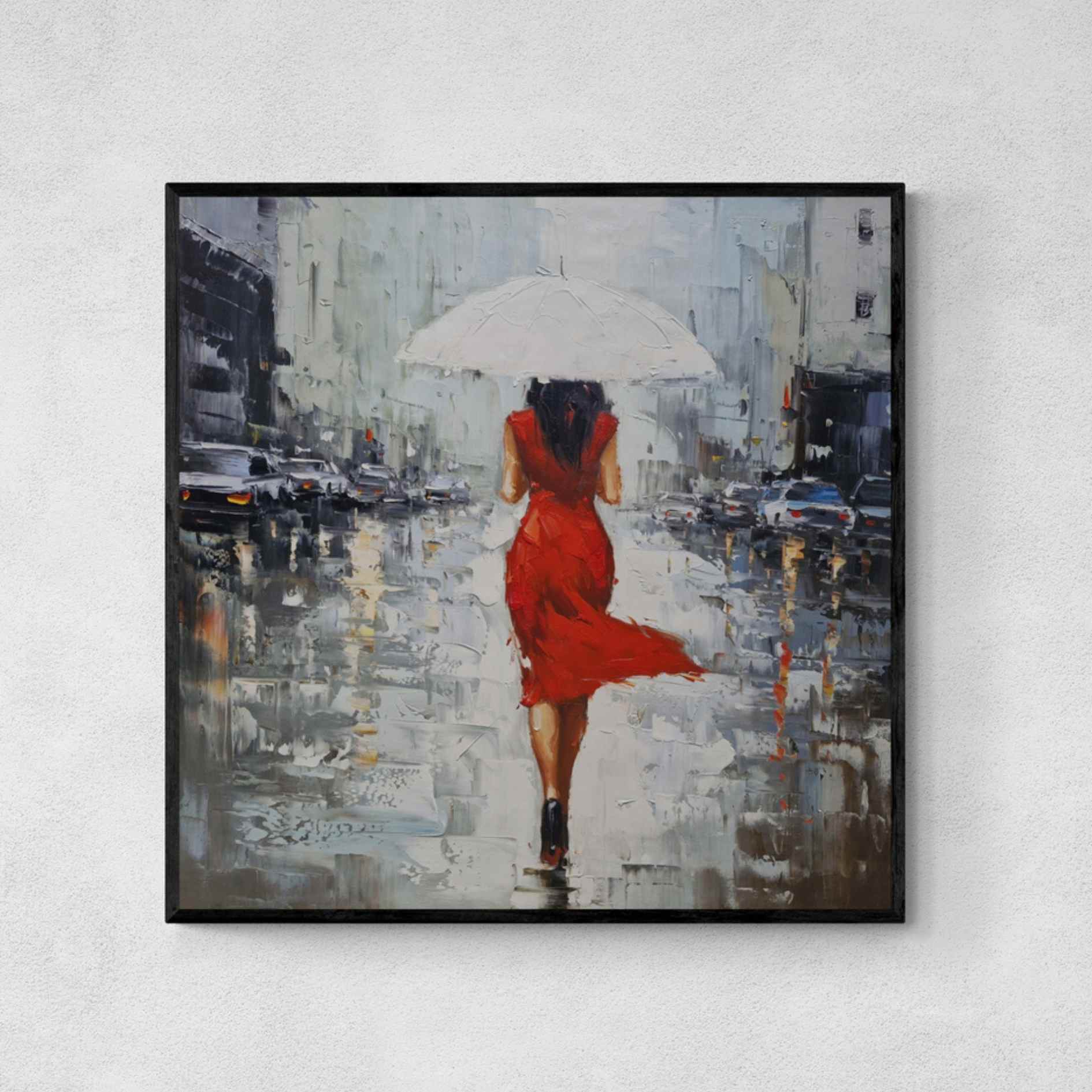 Cuadro decorativo de mujer con vestido rojo caminando bajo la lluvia