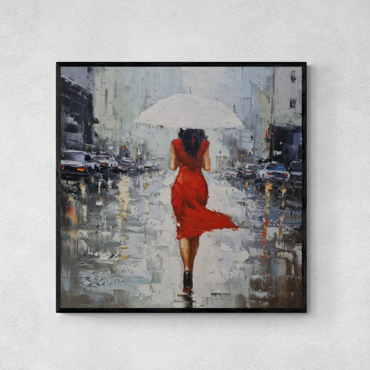 Cuadro decorativo de mujer con vestido rojo caminando bajo la lluvia