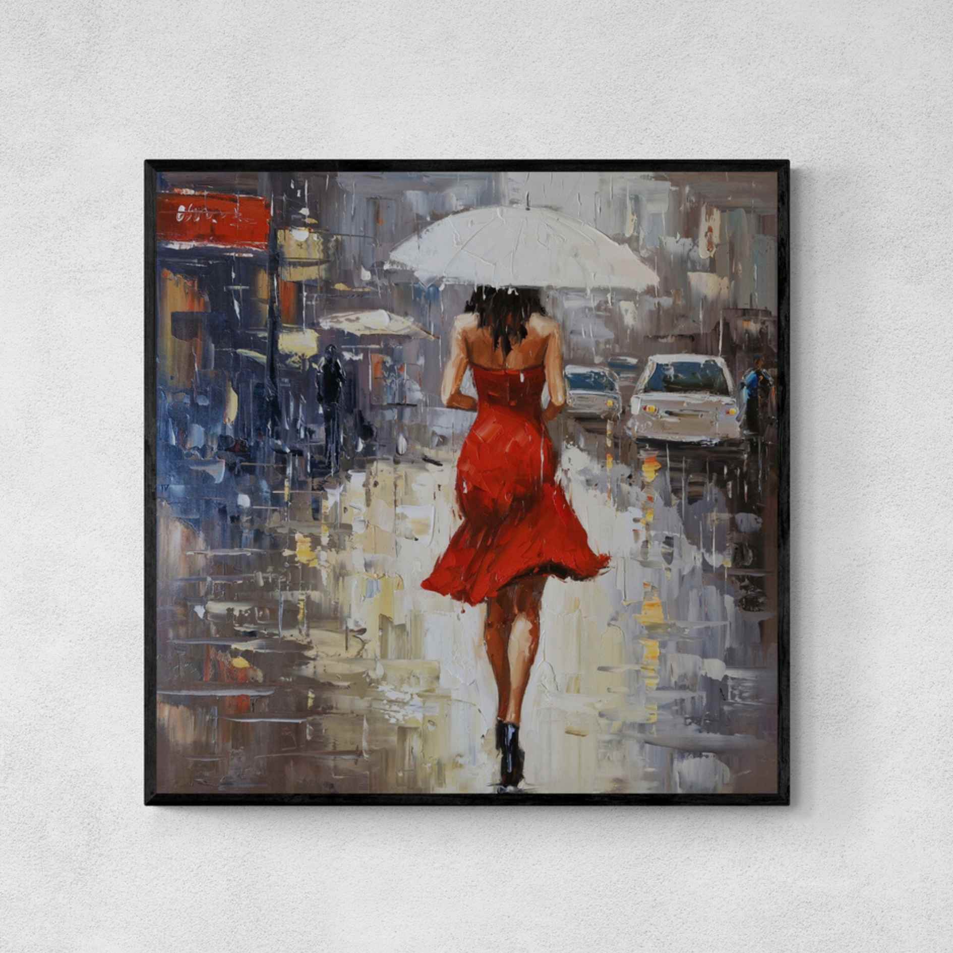 Cuadro figurativo de mujer con vestido rojo bajo la lluvia