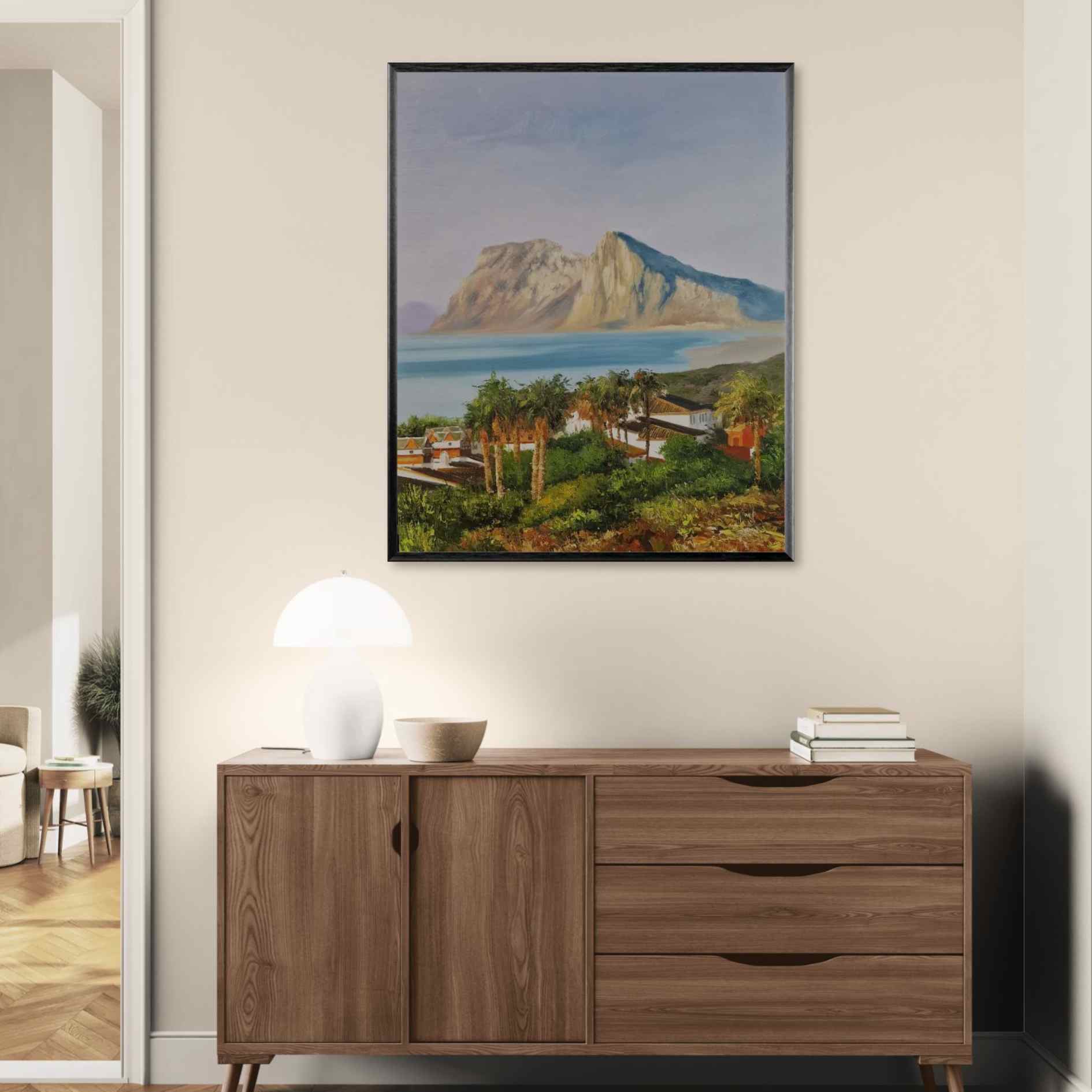 Pintura paisajística vertical con vista al mar y entorno natural