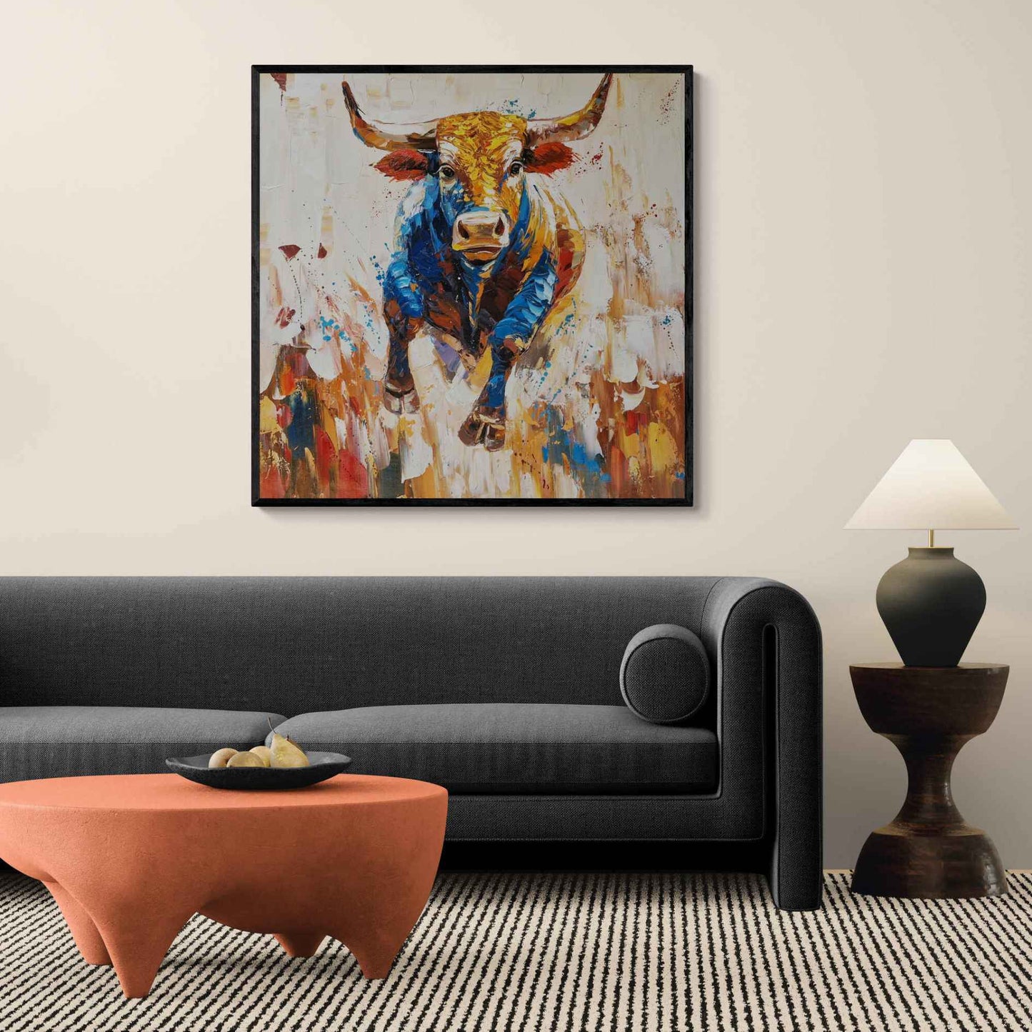 Pintura expresiva de toro con colores intensos