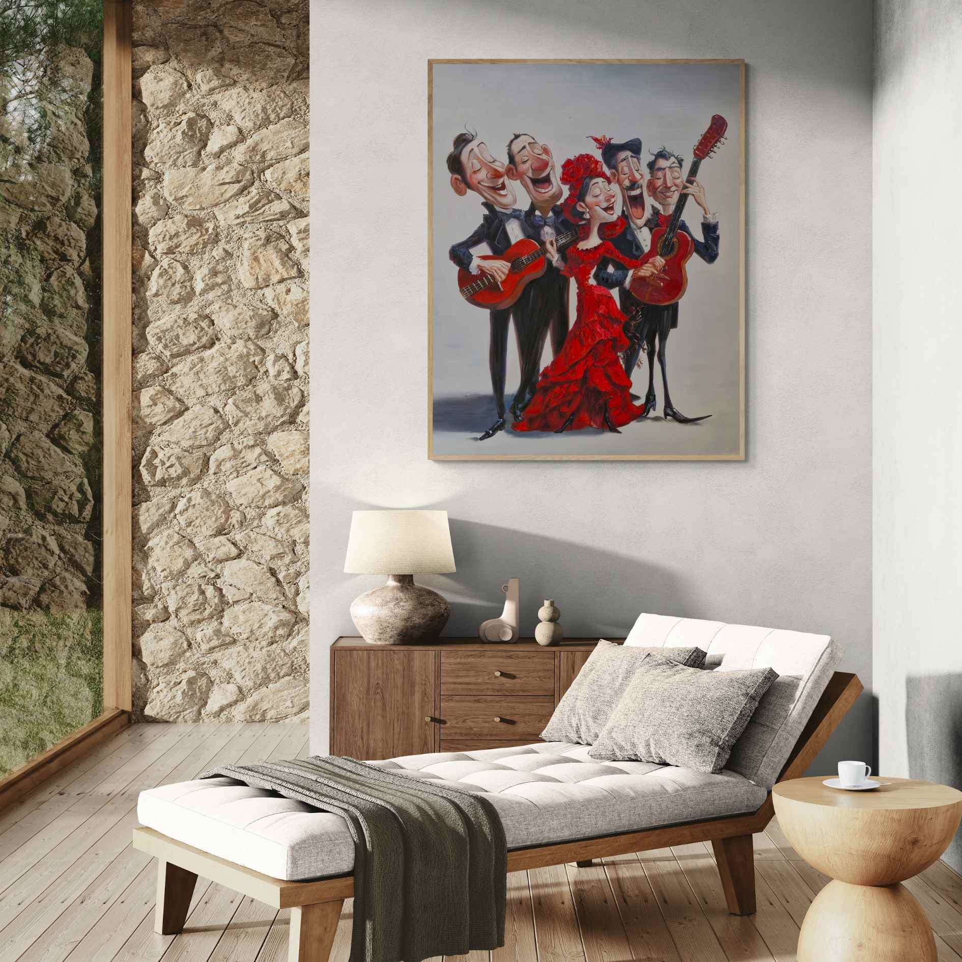 Pintura al óleo caricaturesca de grupo flamenco