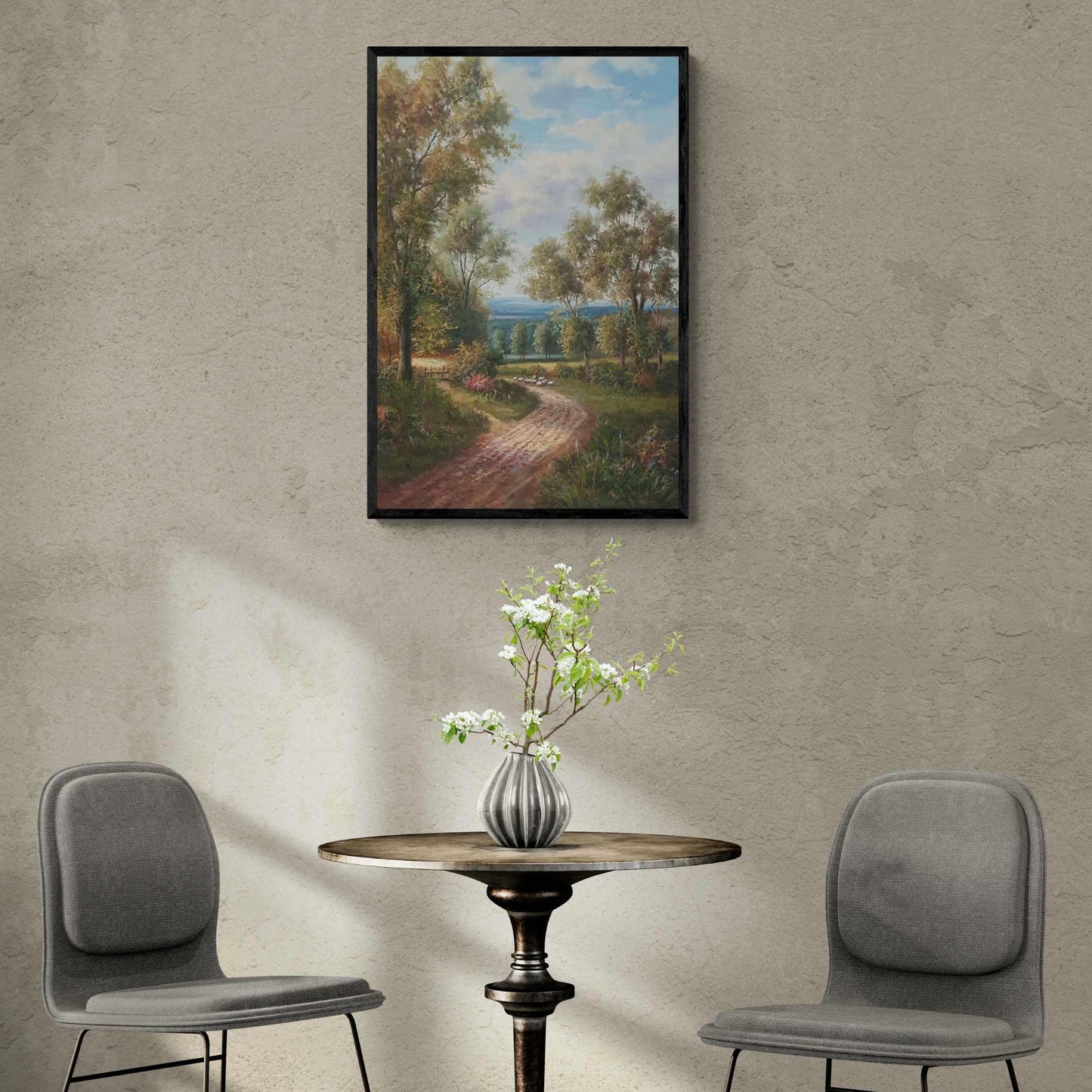 Pintura sobre lienzo de paisaje natural con sendero curvo