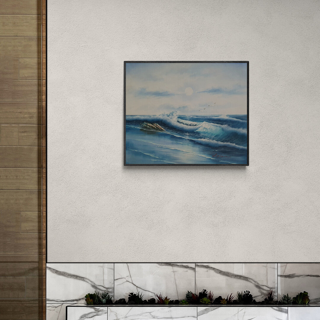 Paisaje marino en óleo sobre lienzo – Inspiración y serenidad en cada pincelada