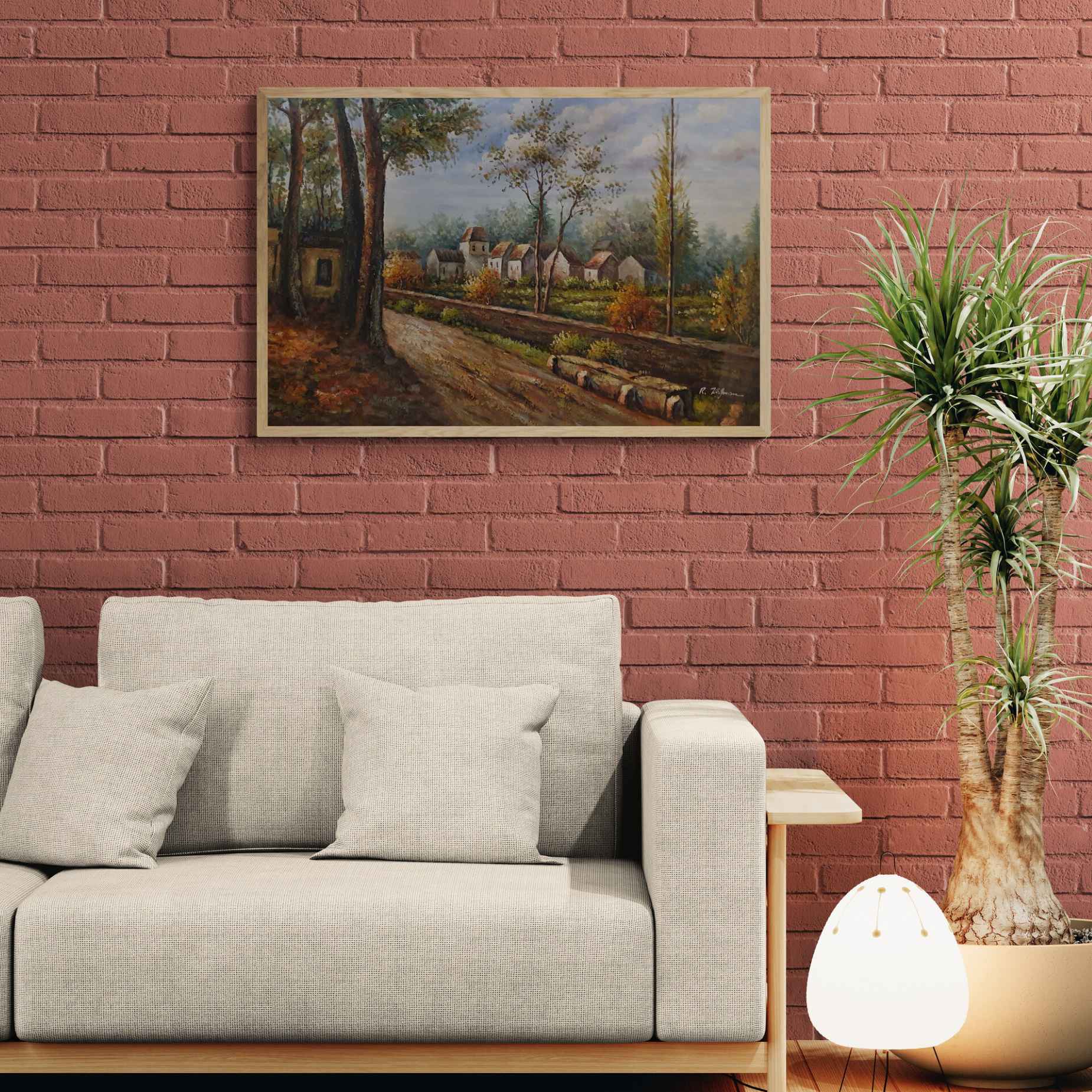 Obra artística de paisaje rural con casas blancas