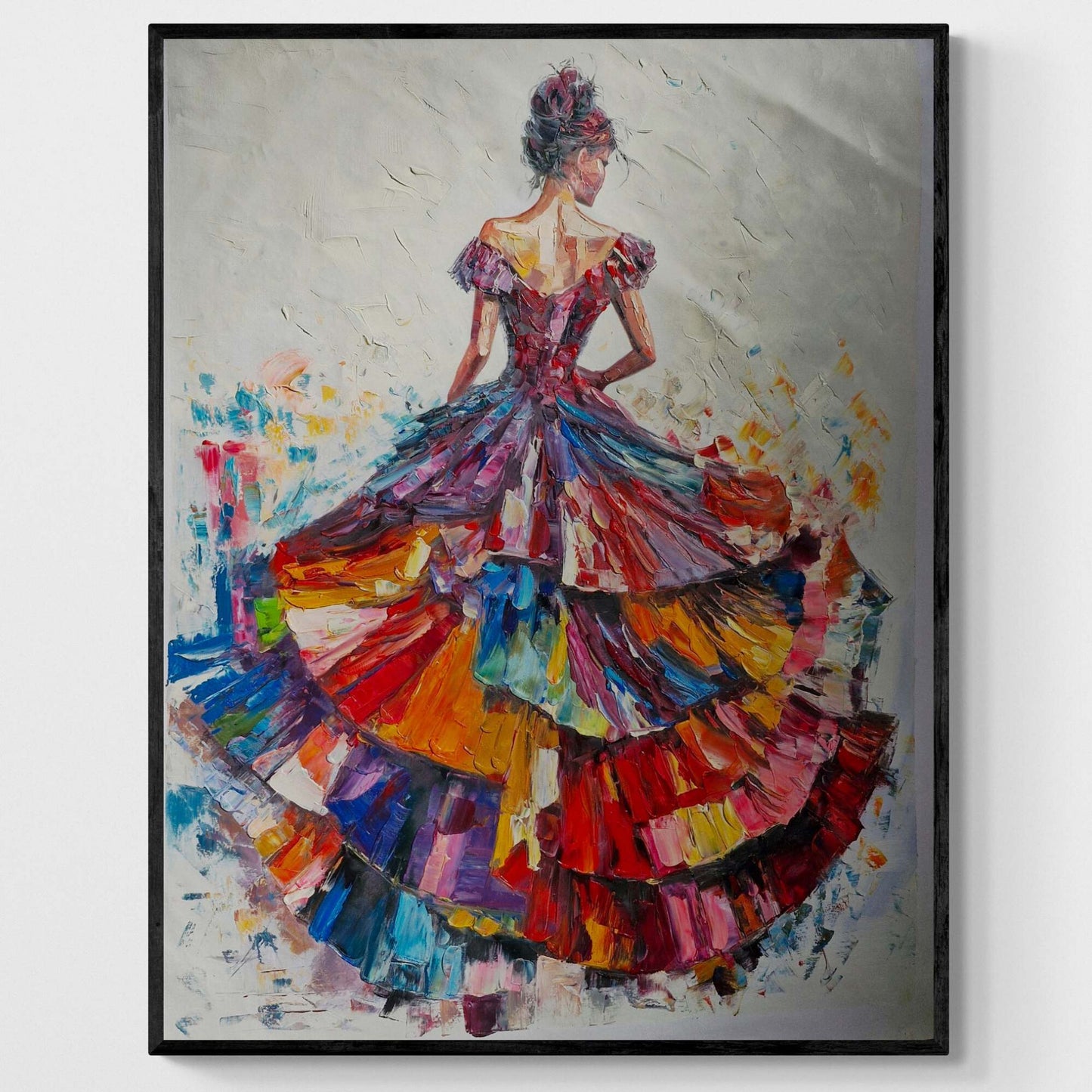 Cuadro al óleo mujer con falda colorida y textura