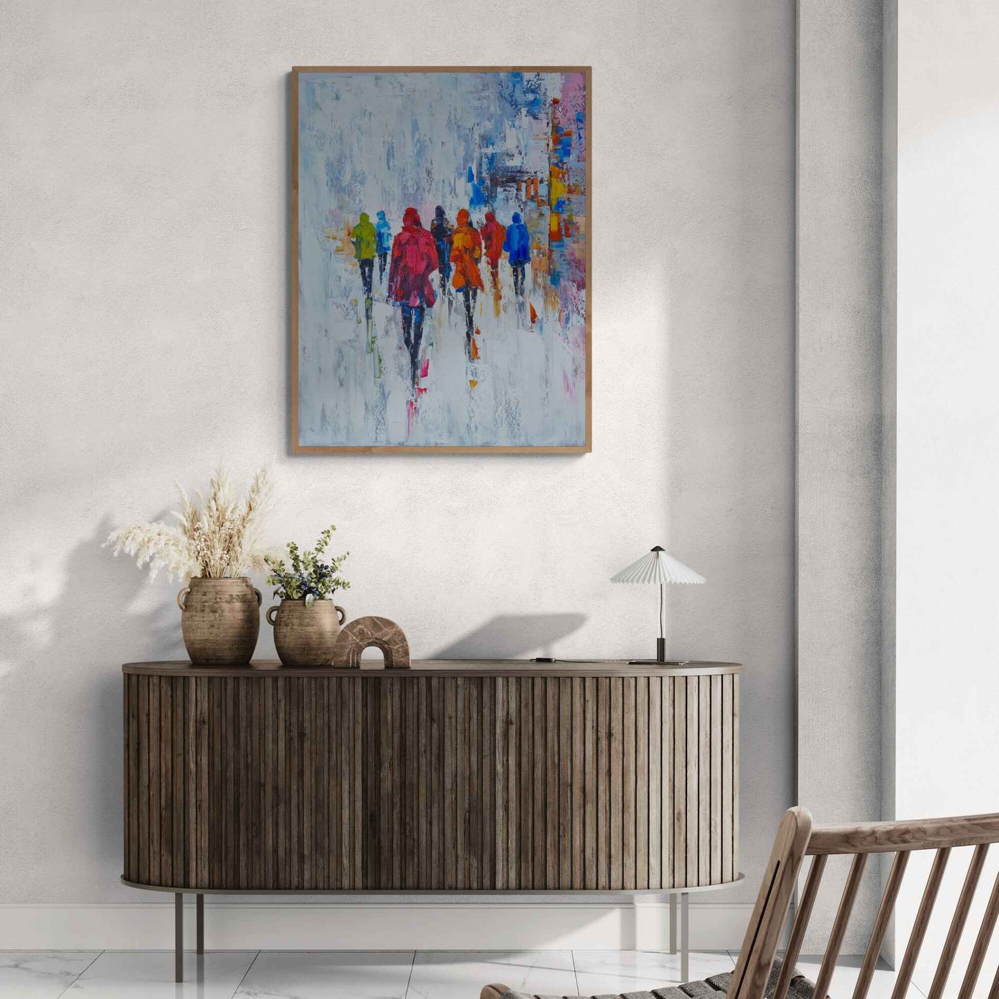Pintura urbana moderna bajo la lluvia colores vibrantes