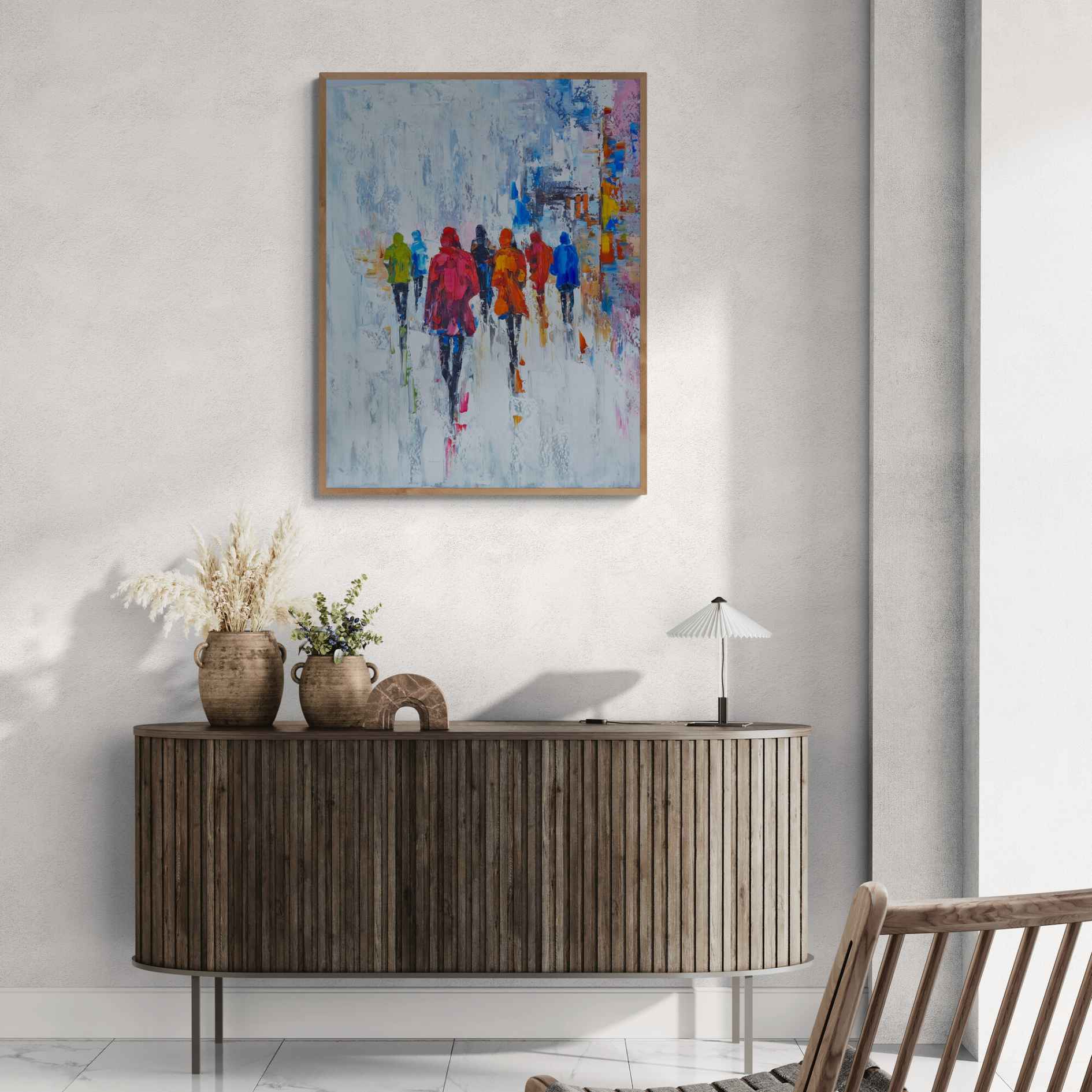 Pintura urbana moderna bajo la lluvia colores vibrantes