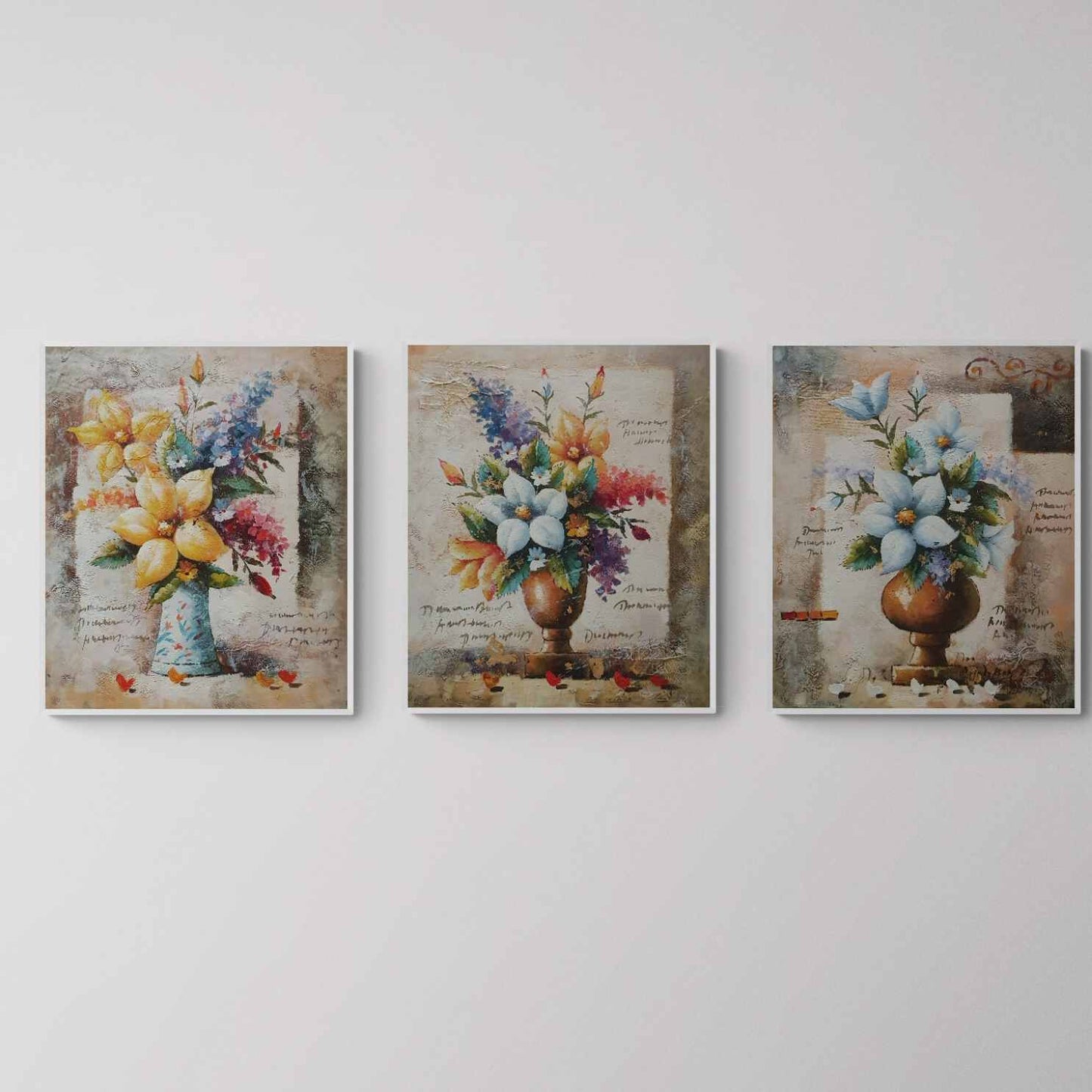 Set de tres cuadros al óleo con arreglos florales vibrantes