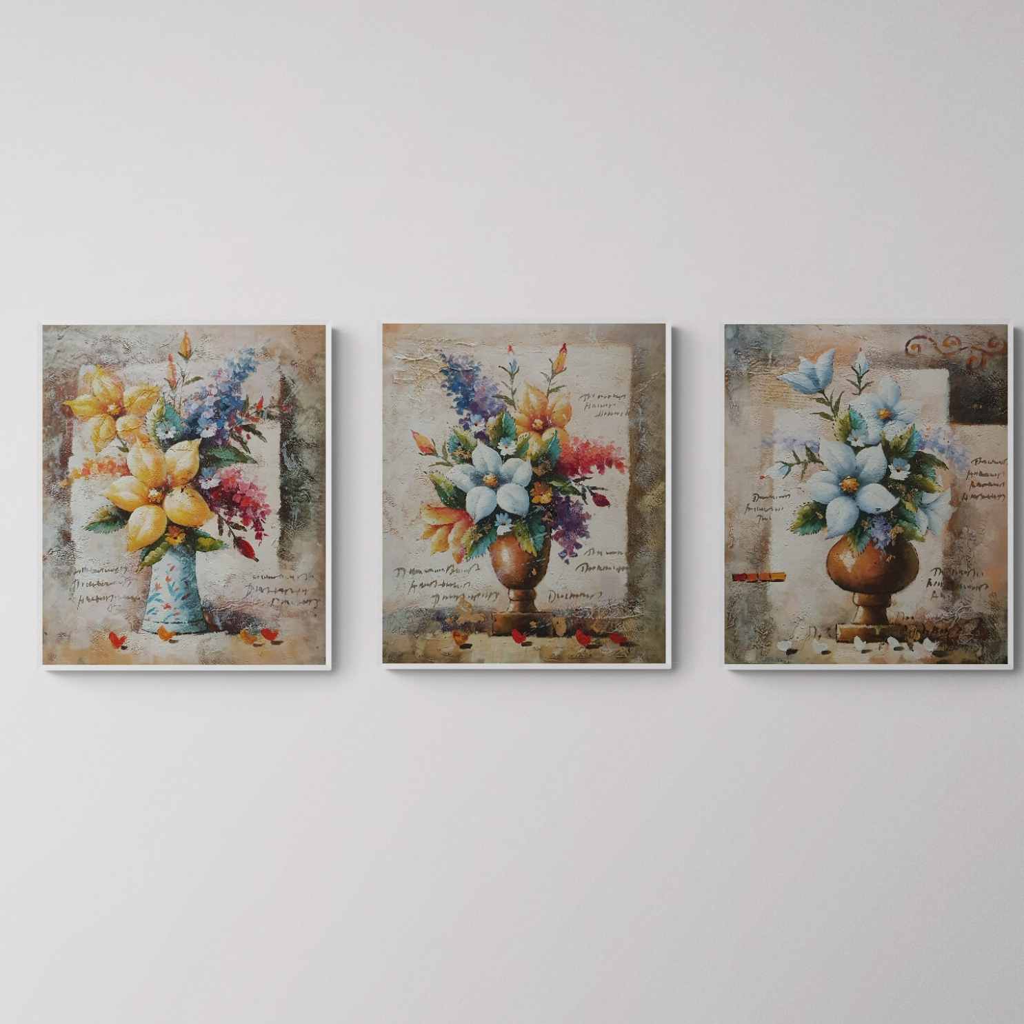 Set de tres cuadros al óleo con arreglos florales vibrantes