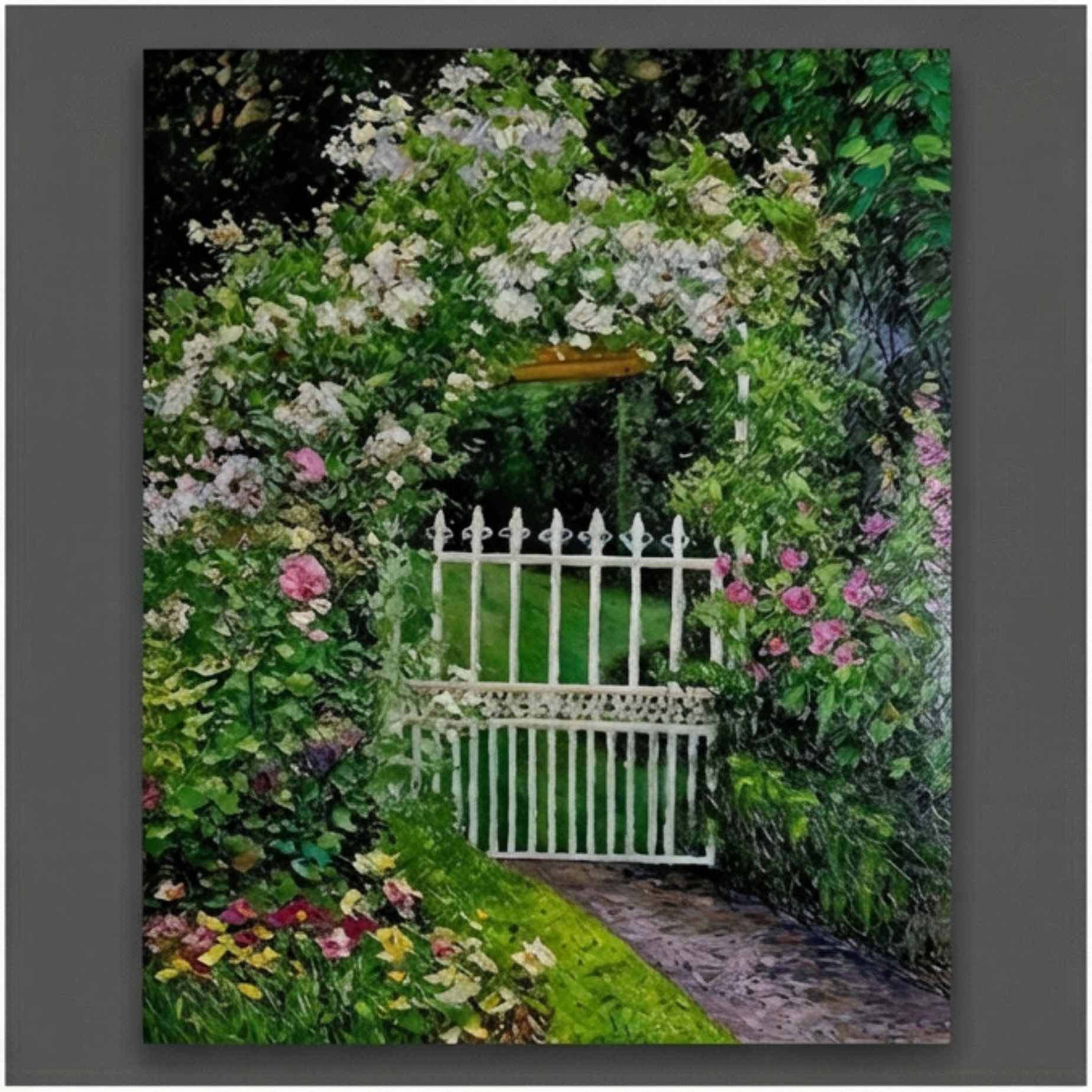 Puerta Blanca en Jardín Florido cuadro al óleo pintado a mano con flores y verja blanca