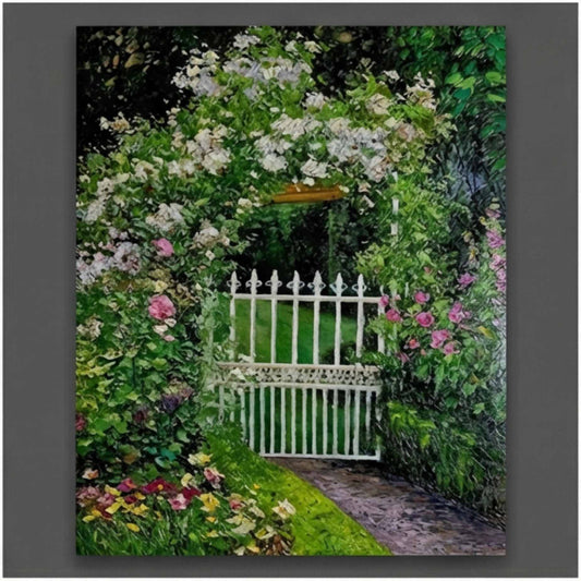 Puerta Blanca en Jardín Florido cuadro al óleo pintado a mano con flores y verja blanca