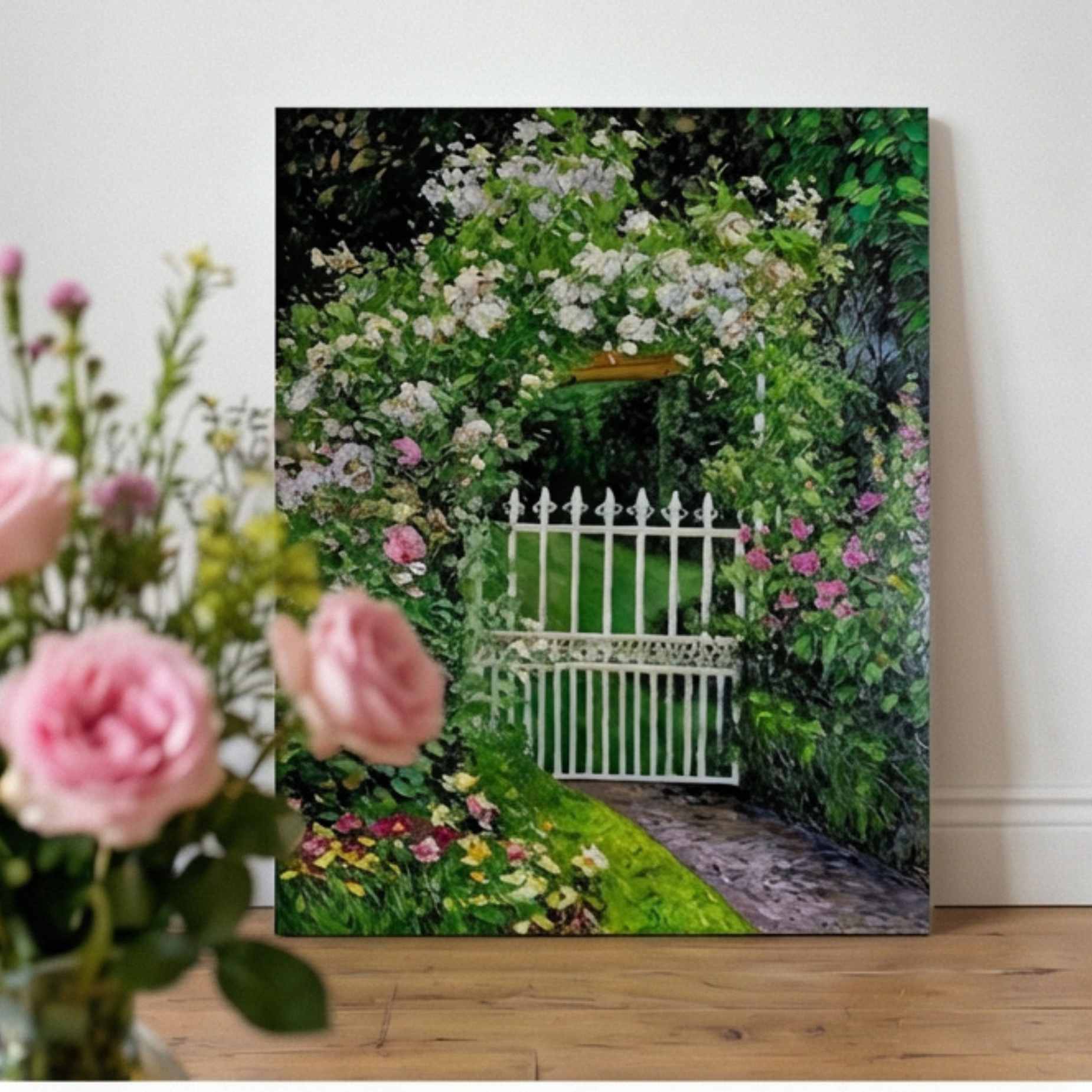 Puerta Blanca en Jardín Florido pintura floral decorativa para salón elegante