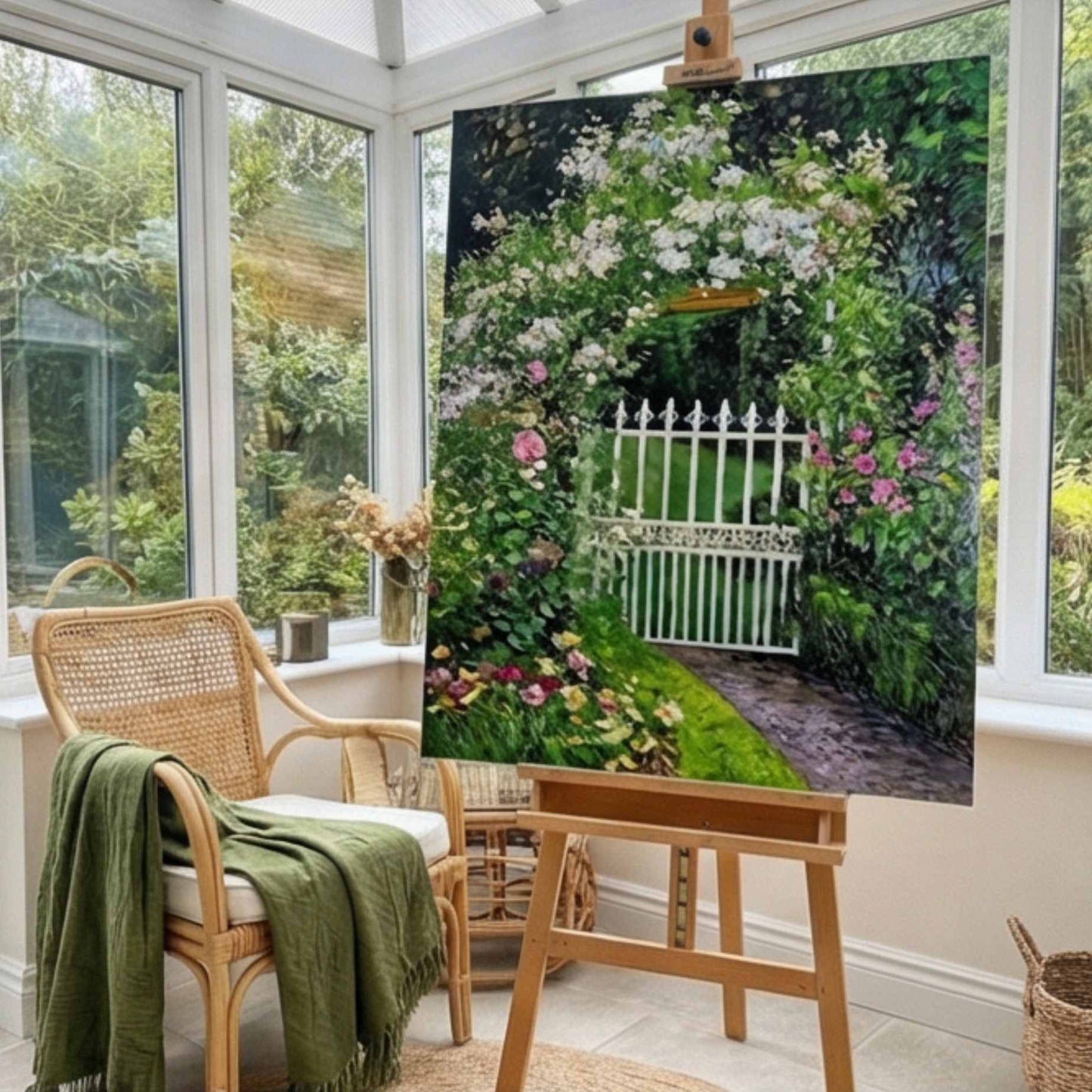 Puerta Blanca en Jardin Florido lienzo pintado a mano con jardin y sendero