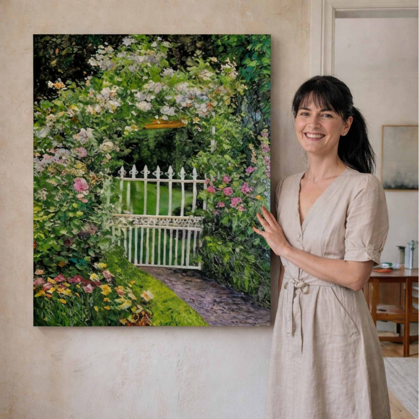 Puerta Blanca en Jardin Florido arte mural de jardin romantico