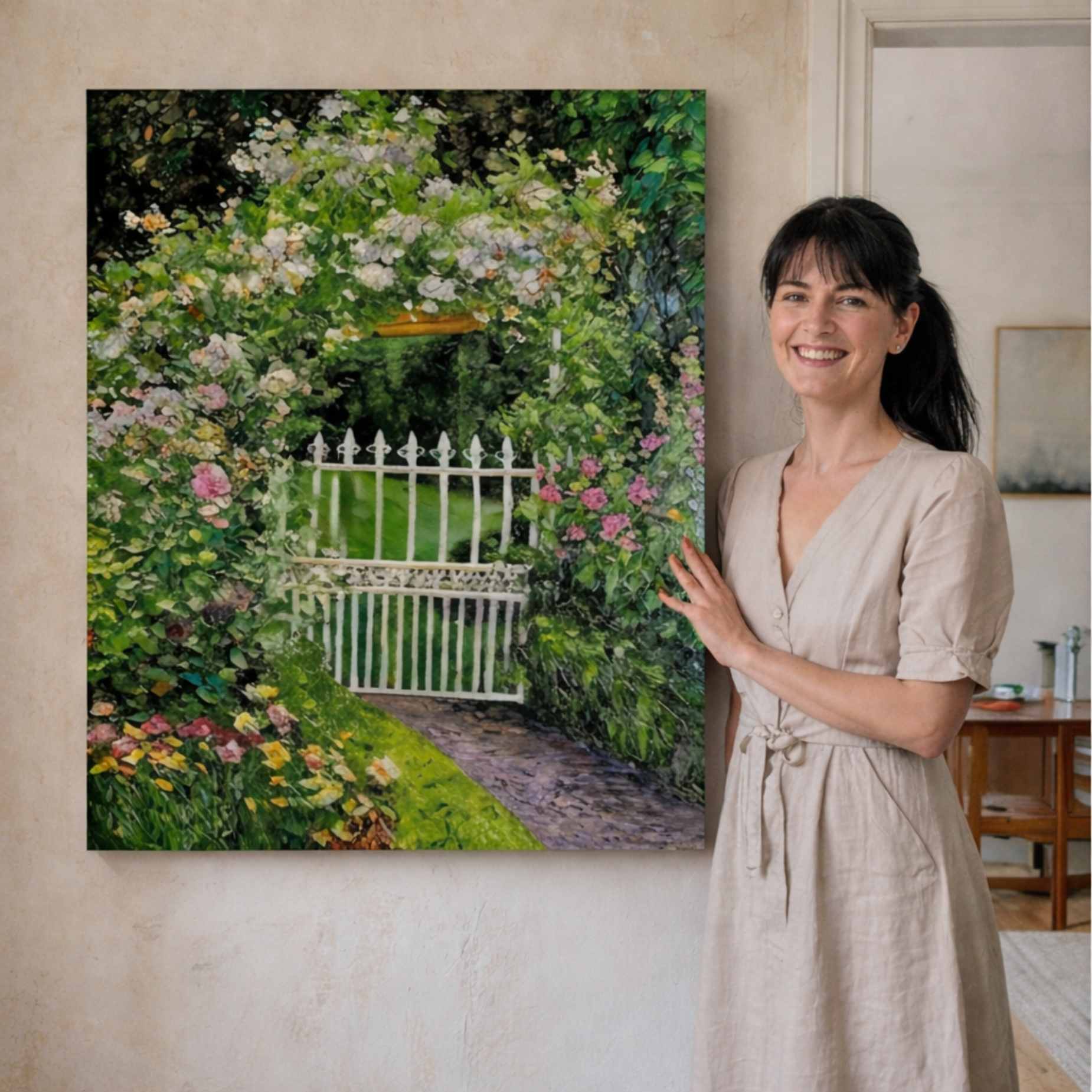 Puerta Blanca en Jardin Florido arte mural de jardin romantico
