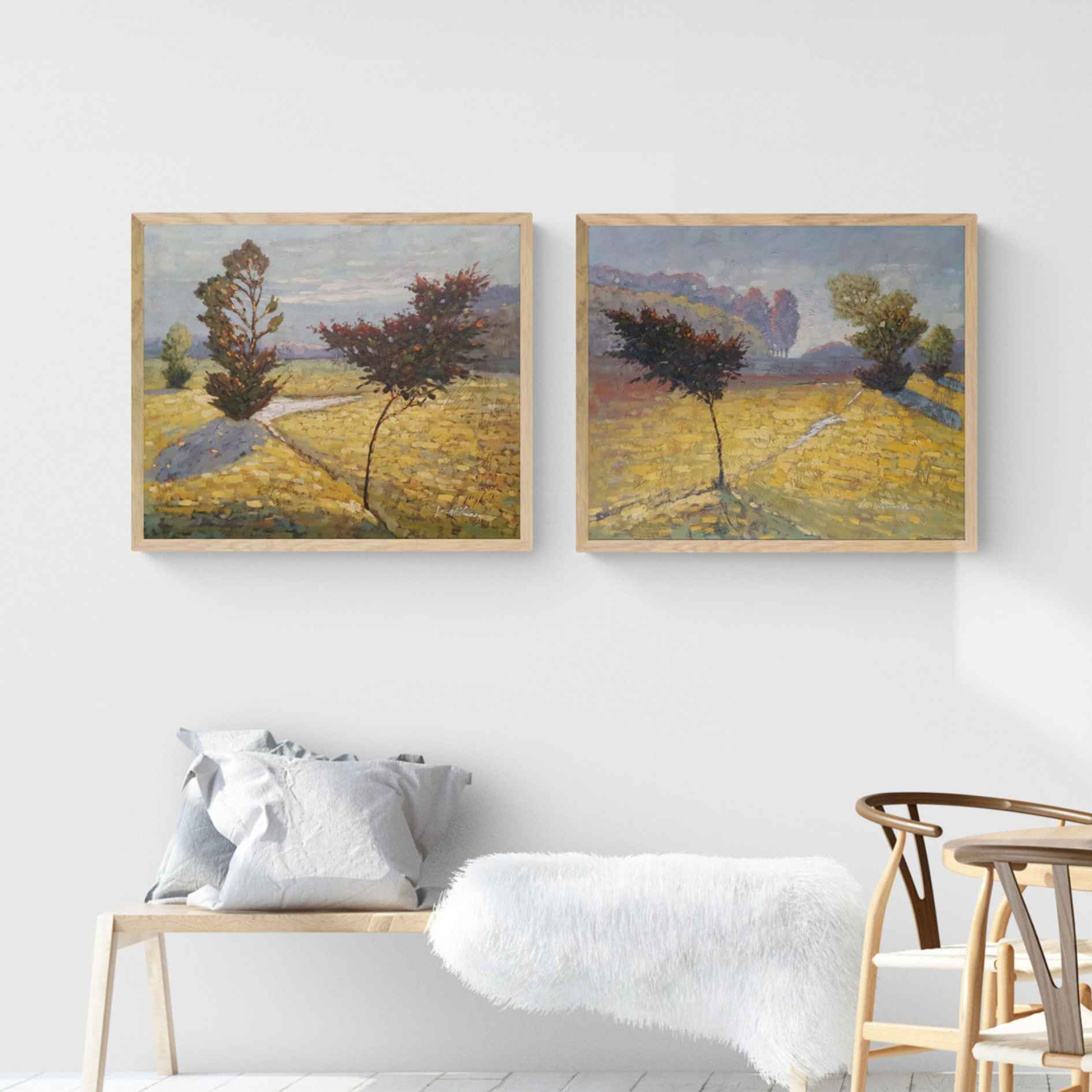 Díptico de cuadros al óleo con paisaje amarillo y morado