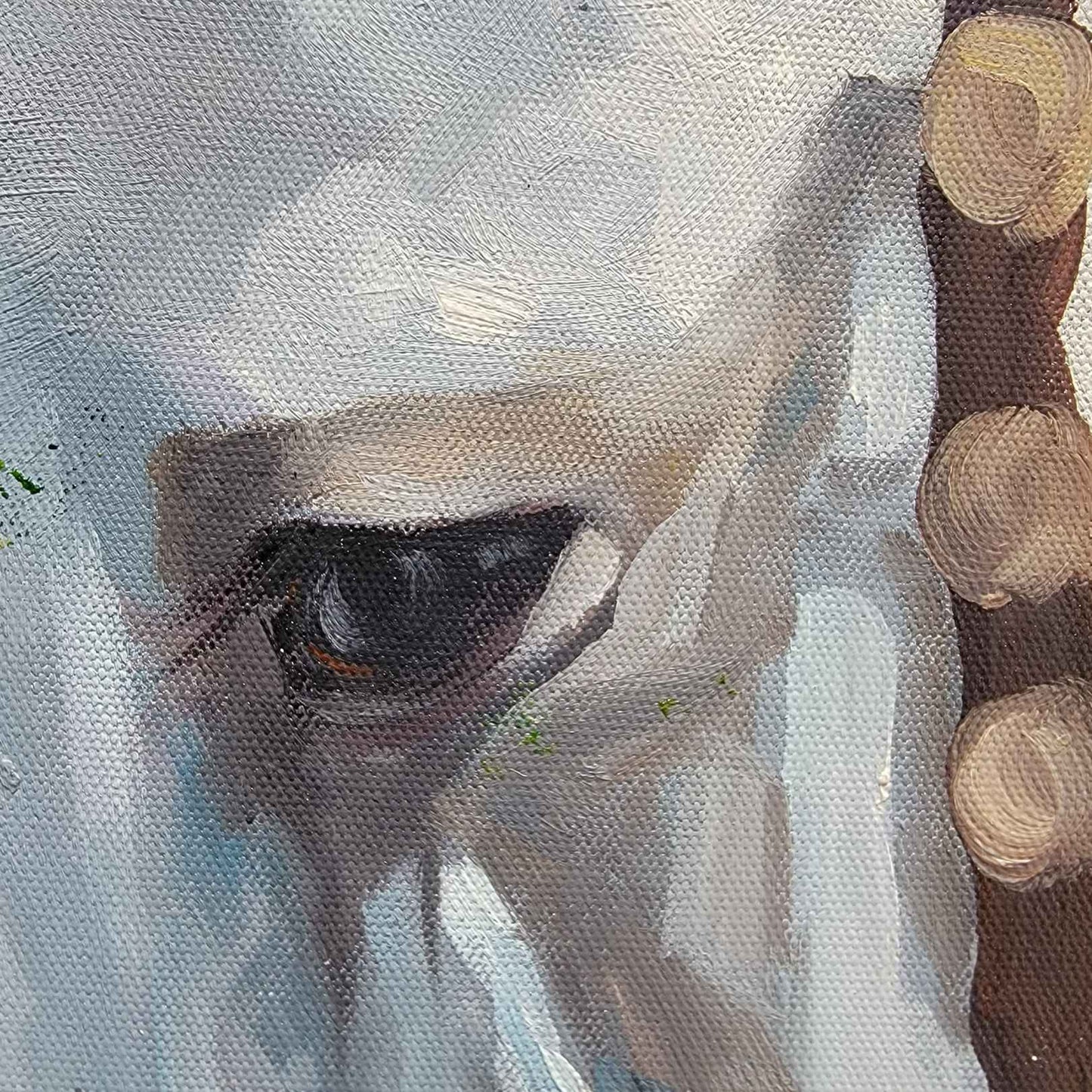 Detalle de textura de cuadro decorativo realista de caballo blanco con pinceladas sueltas 