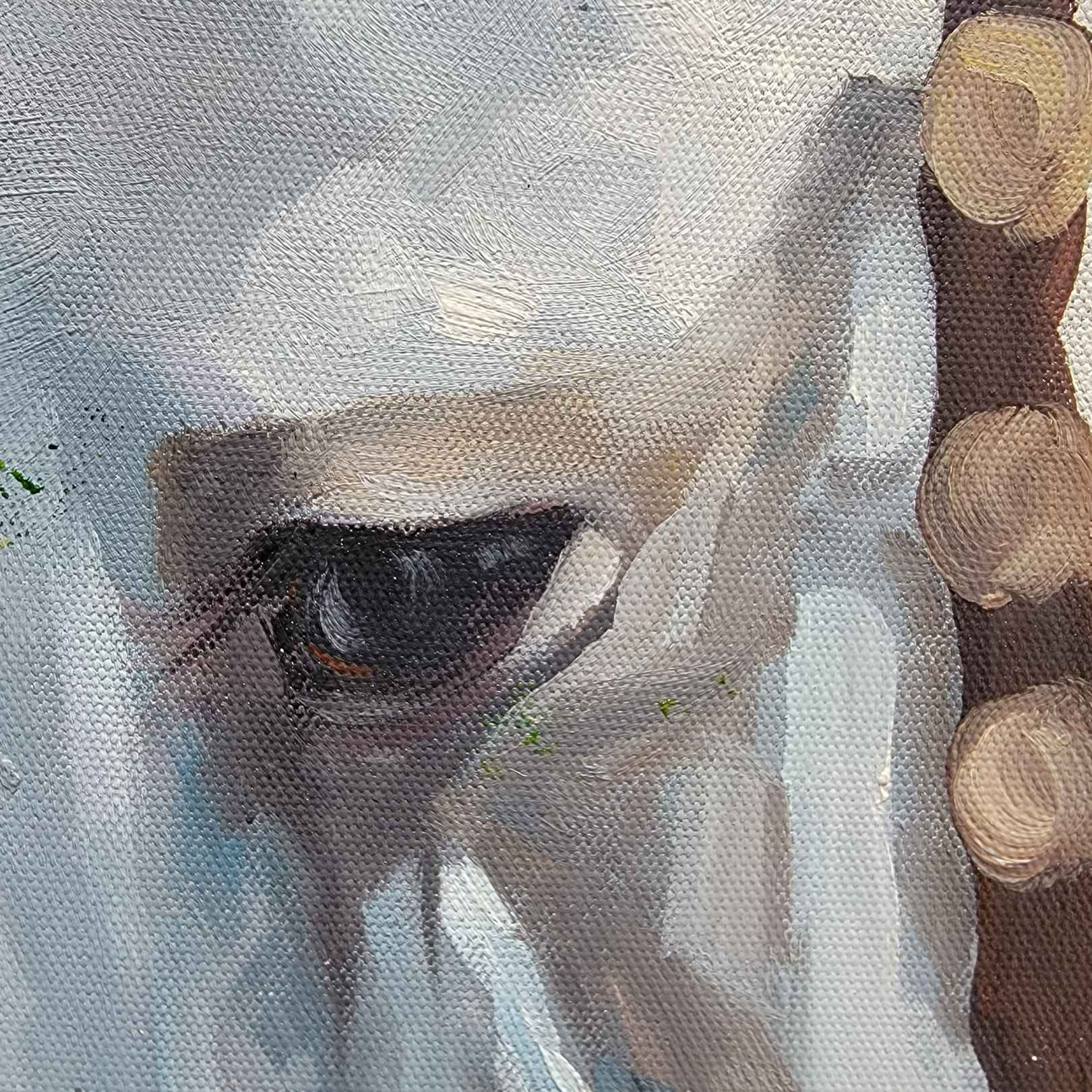 Detalle de textura de cuadro decorativo realista de caballo blanco con pinceladas sueltas 