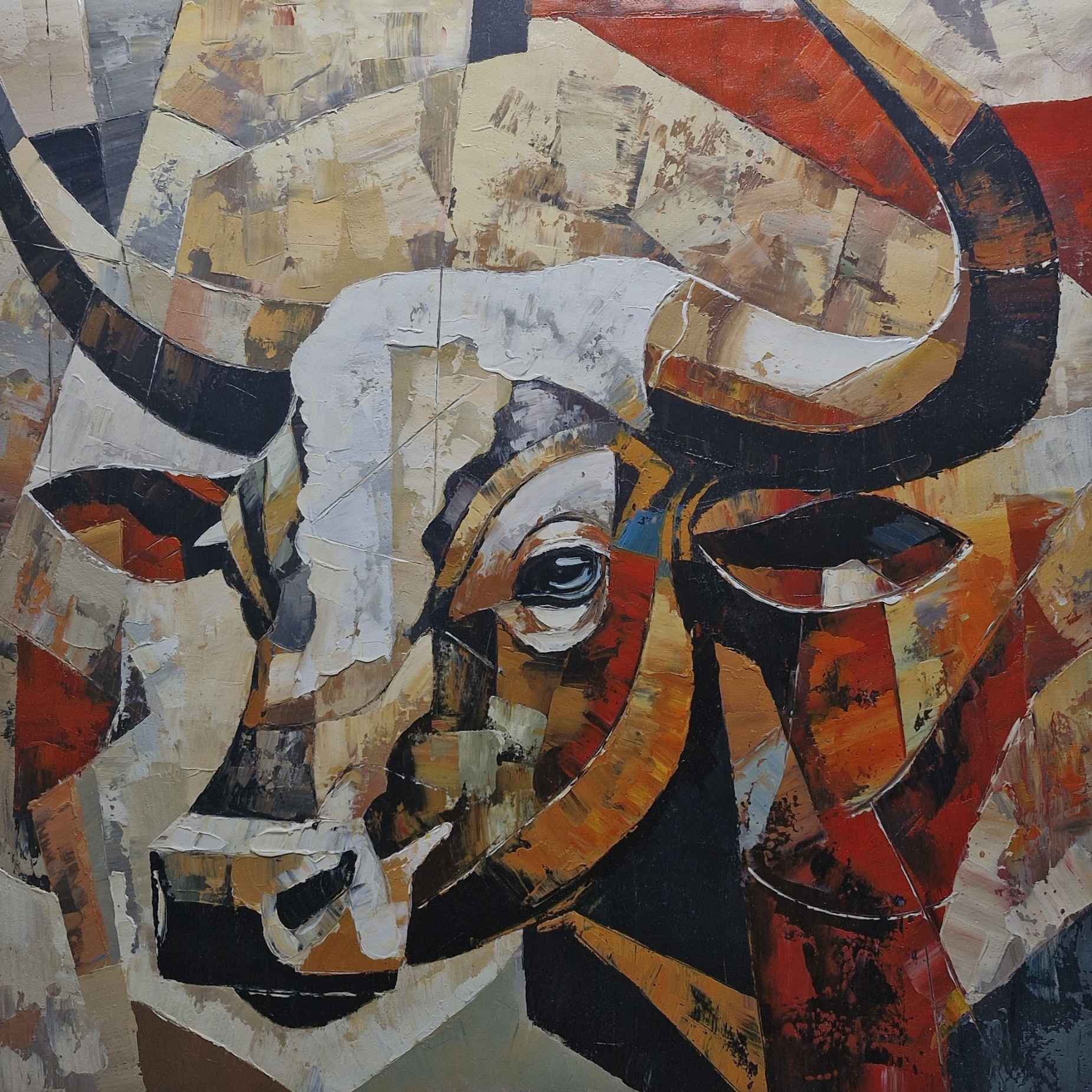 Cuadro picassiano y geométrico de toro pintado a mano
