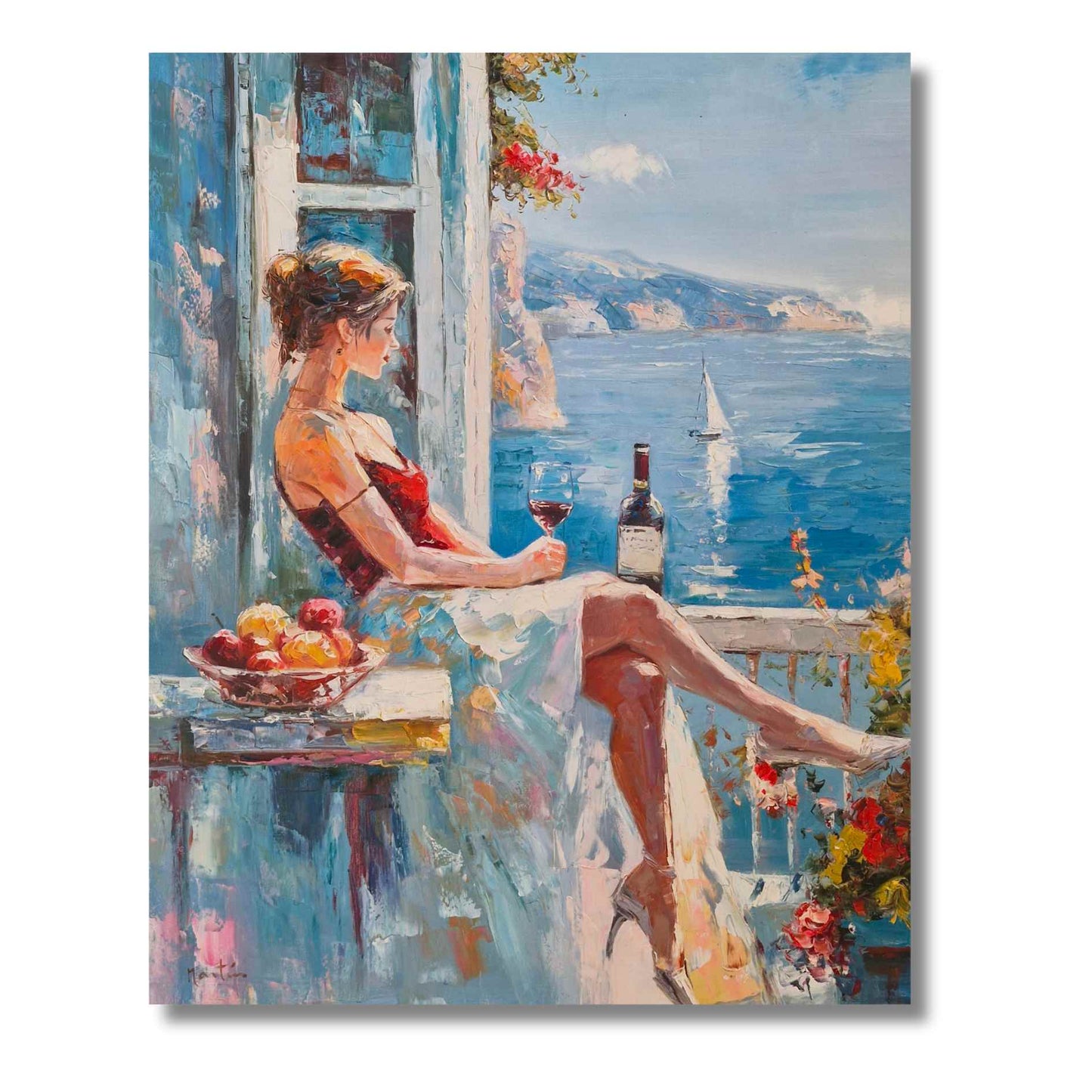 Arte al óleo con mujer relajada y fondo marino