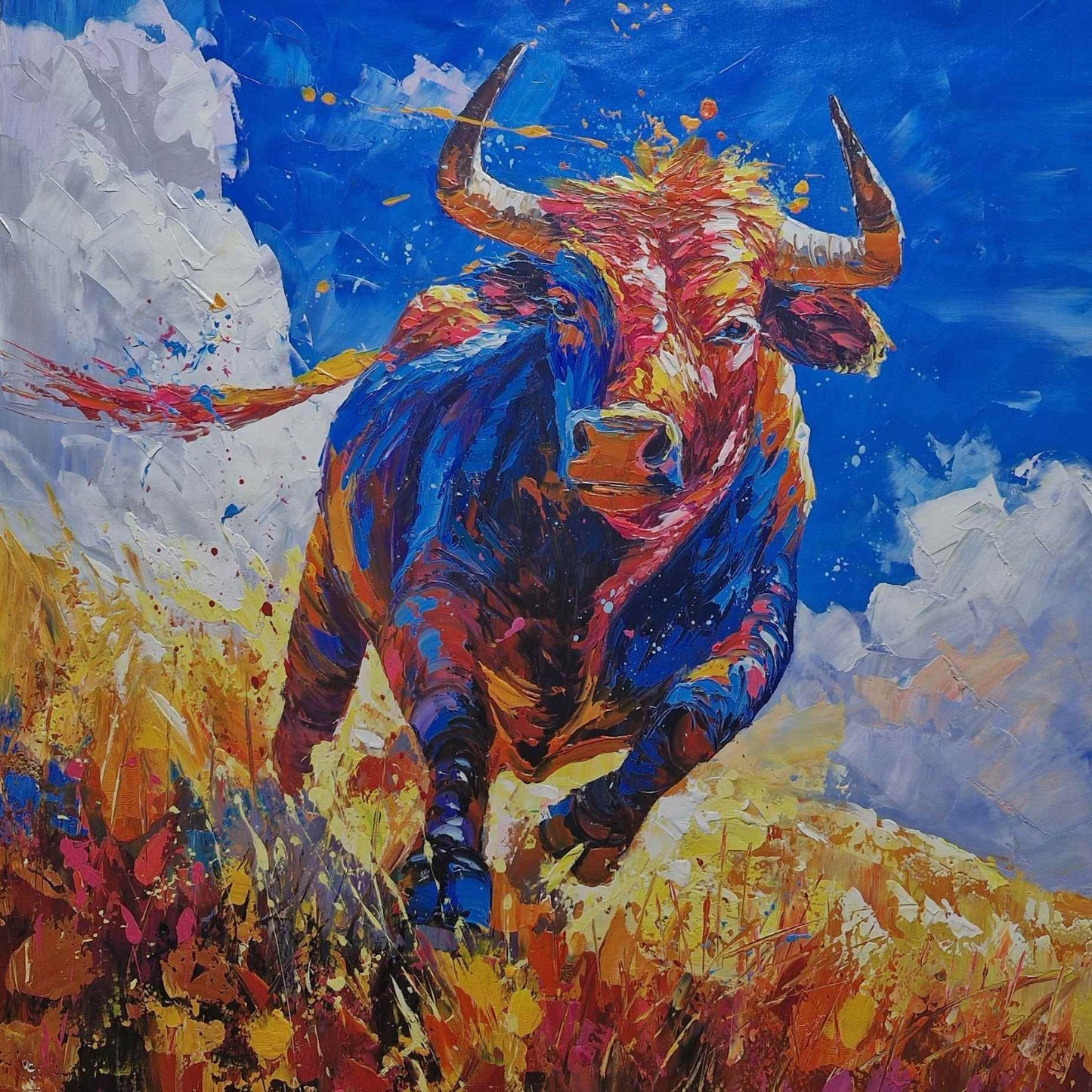 Cuadro de toro pintada a mano con colores vivos