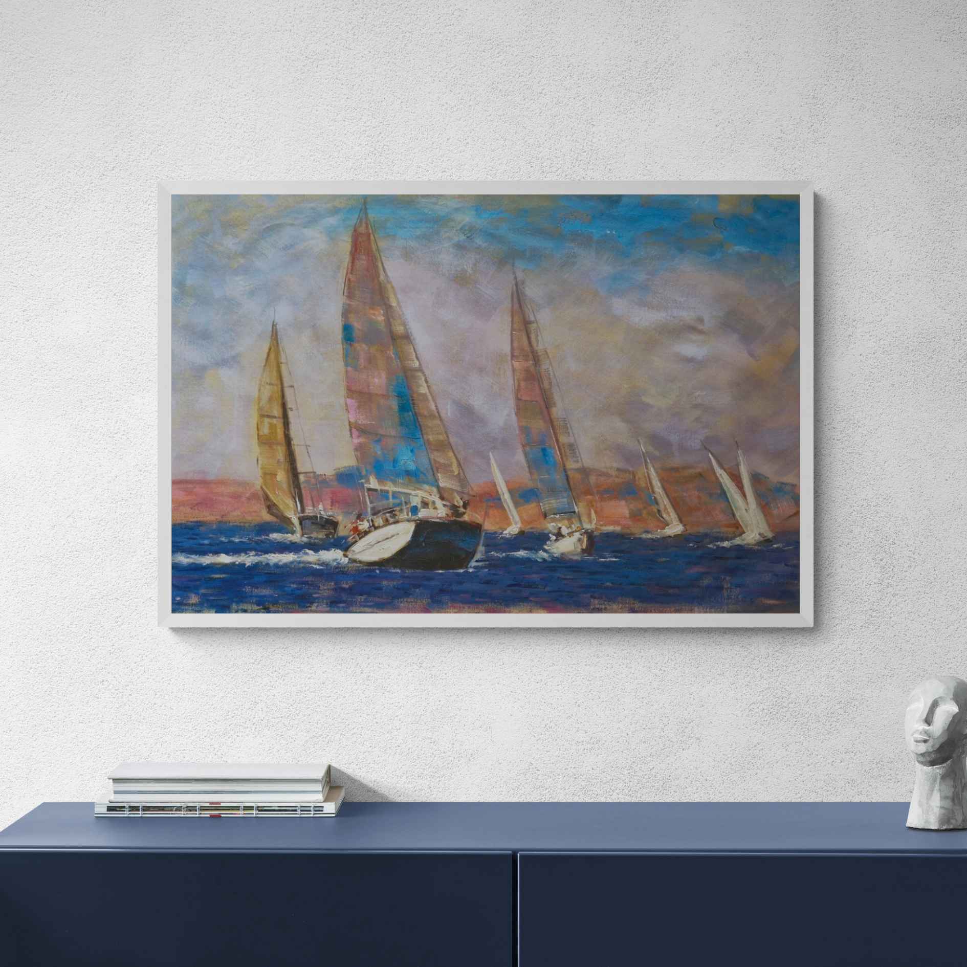 Obra de arte con barcos a vela en el mar