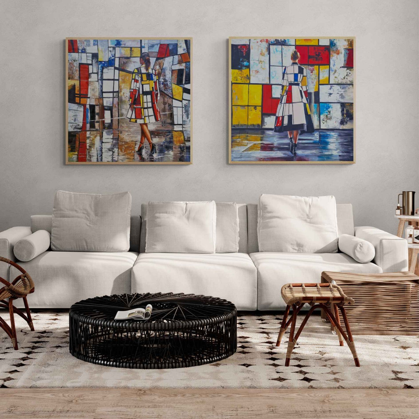 Mujer de espaldas con abrigo de colores estilo Mondrian