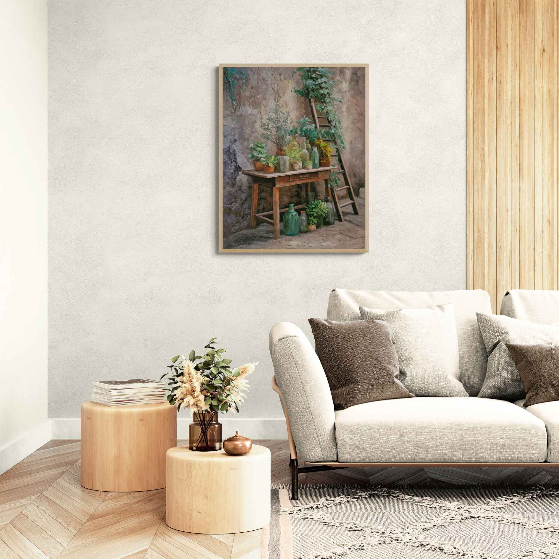 arte decorativo con botellas de cristal y hiedra