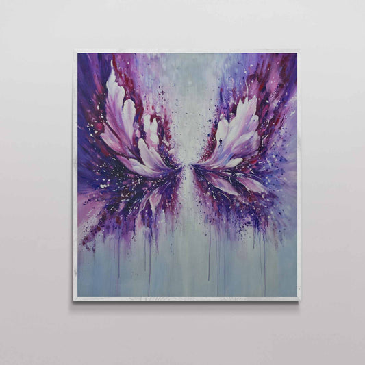 Cuadro abstracto de alas violetas pintado a mano