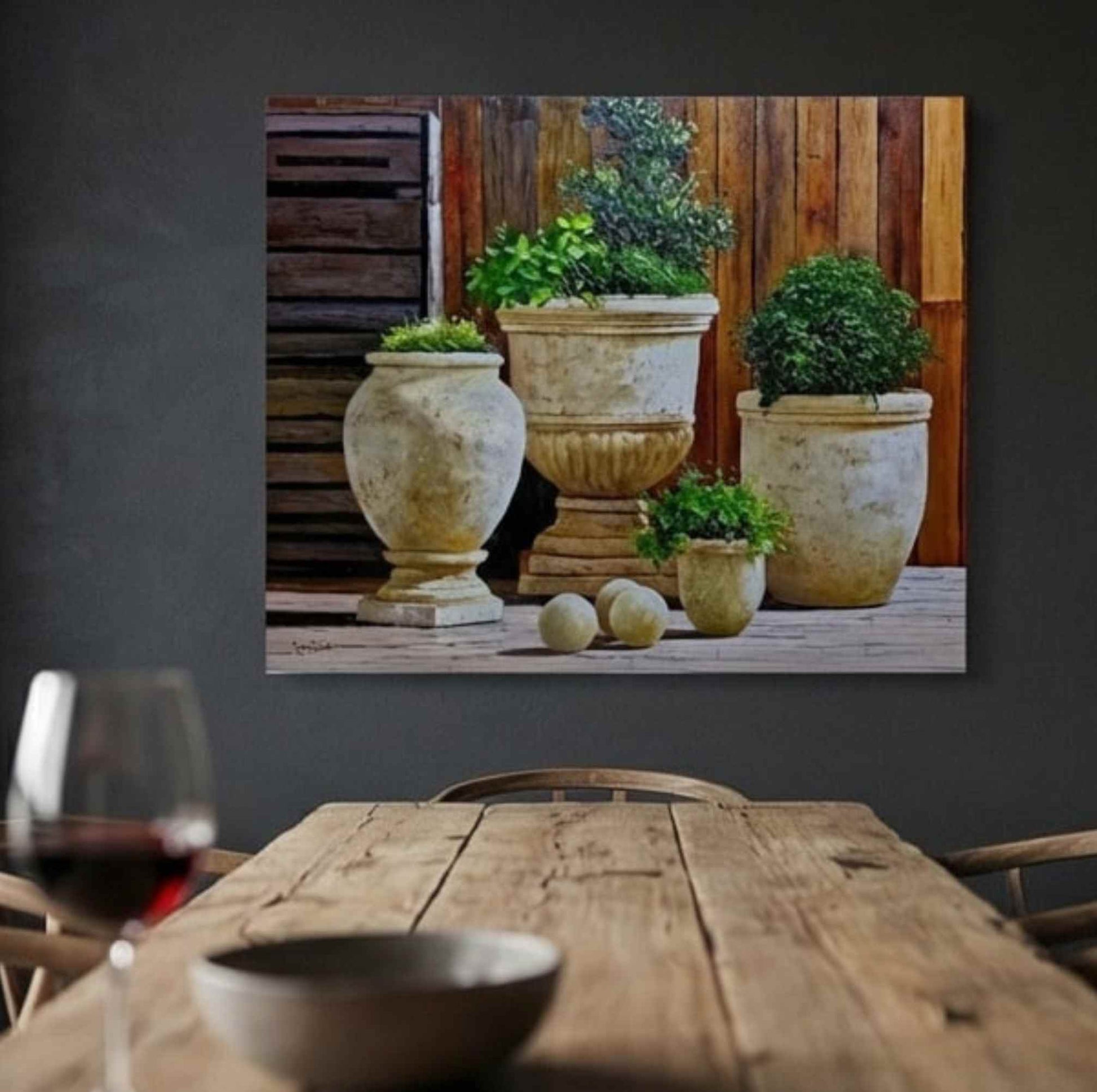 Cuadro pintado a mano con macetas de jardín estilo mediterráneo