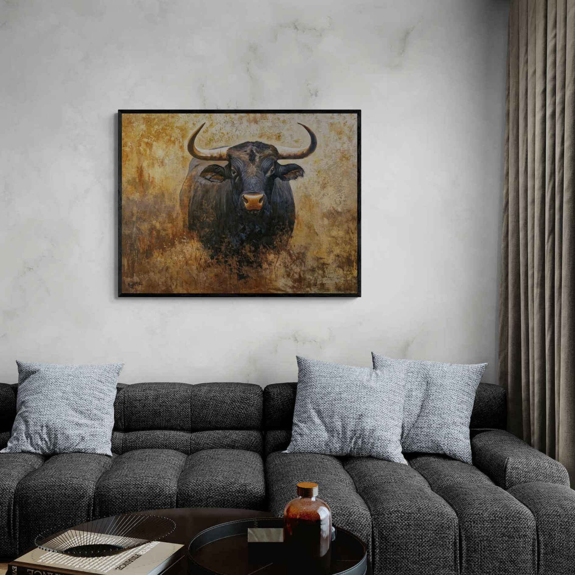 Cuadro al óleo de toro pintado a mano en tonos tierra