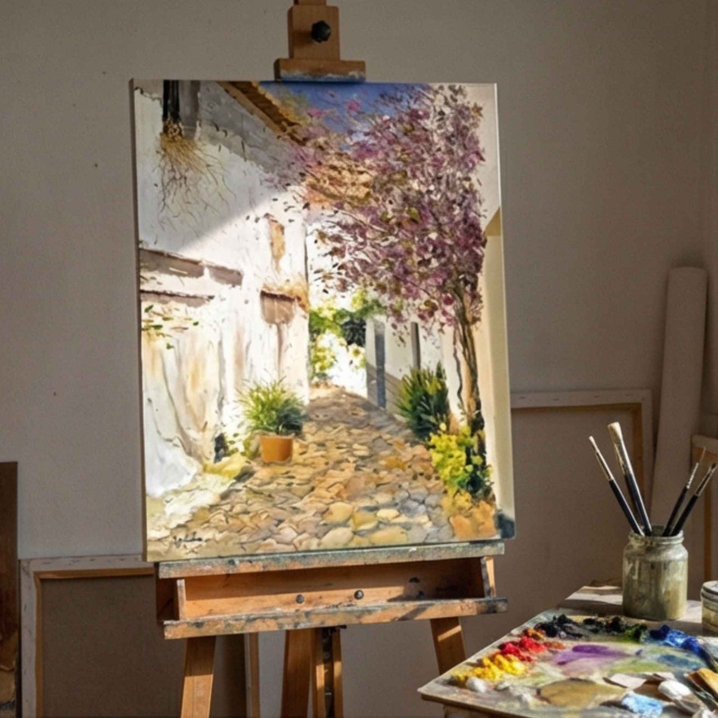 Pintura artística mediterránea con buganvilla rosa