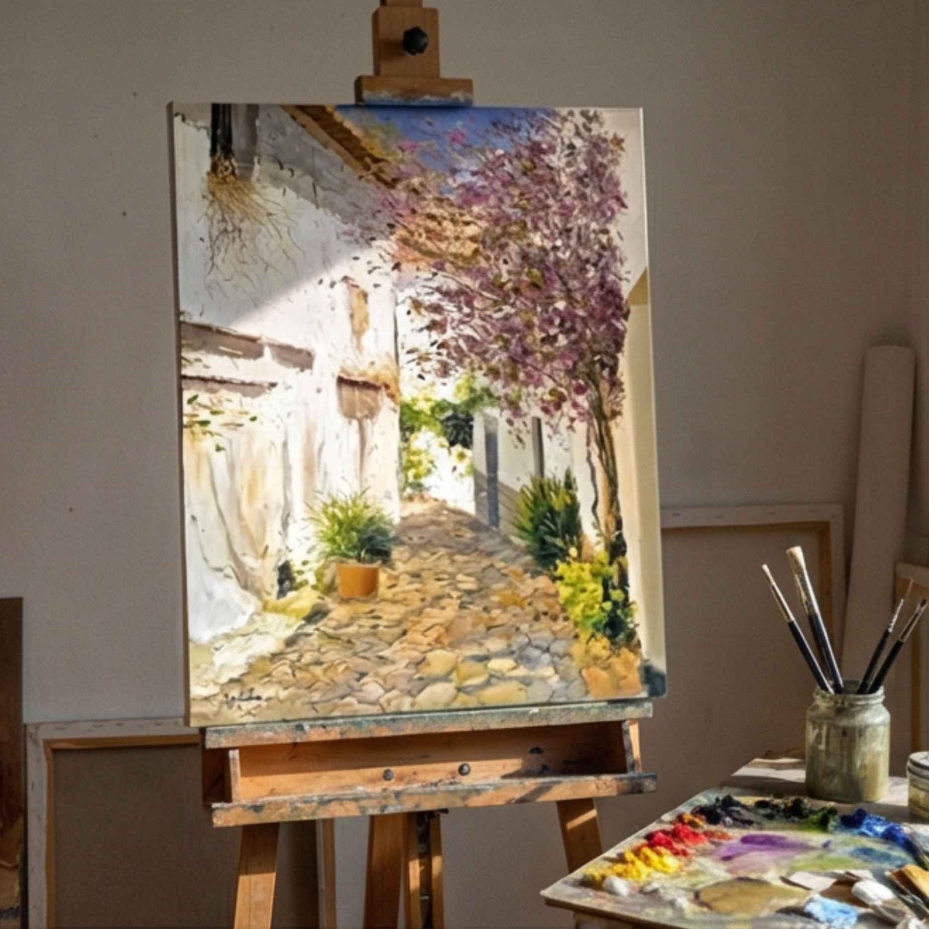 Pintura artística mediterránea con buganvilla rosa