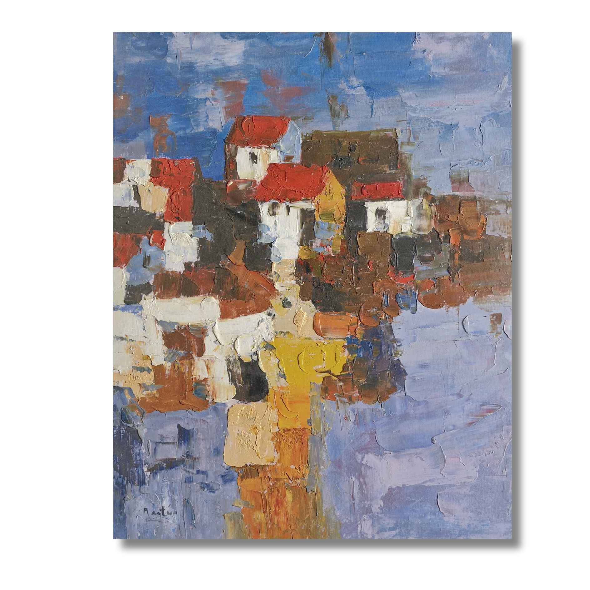 Pintura sobre lienzo con una escena artística de un pueblo pintoresco junto al agua, con textura en relieve.